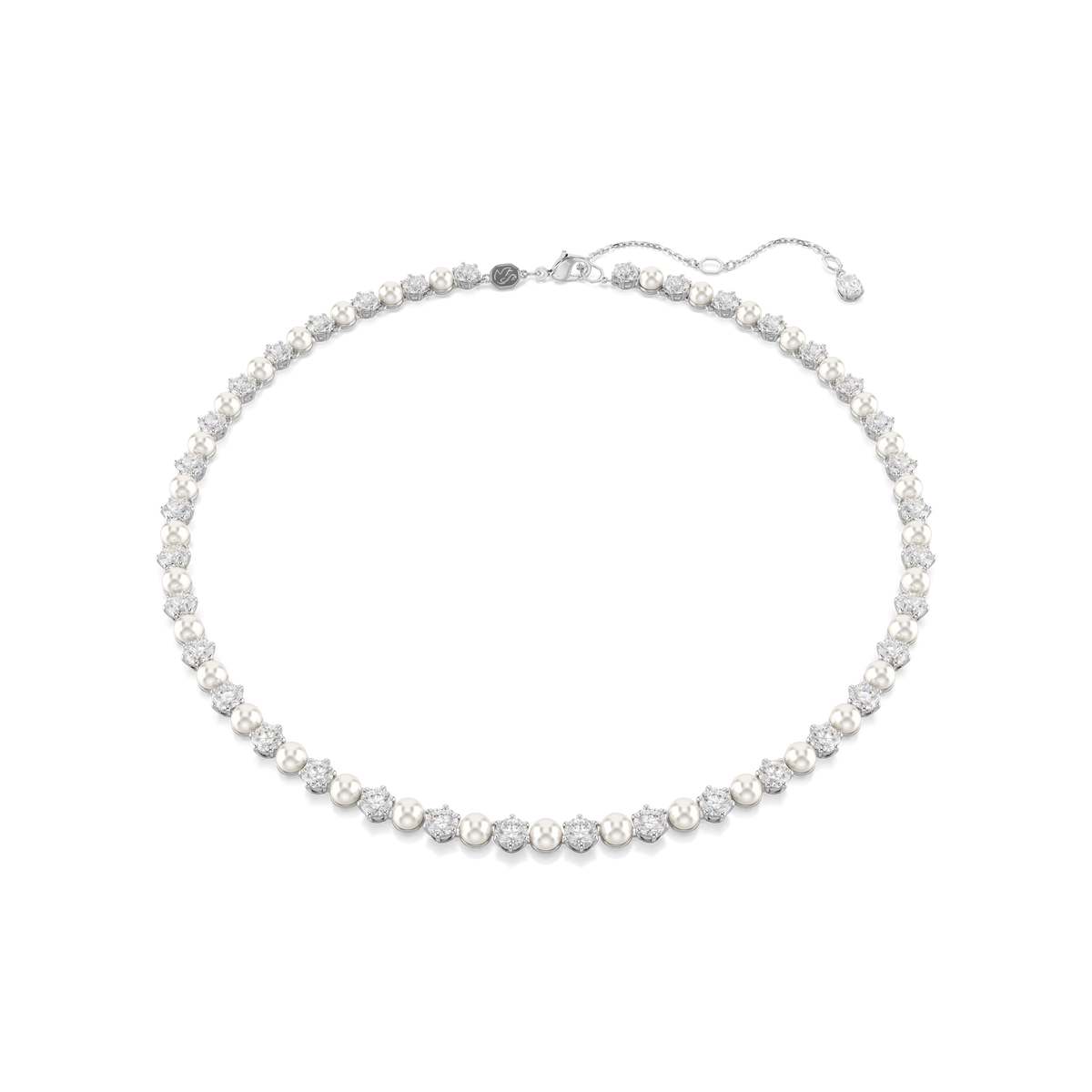 The Swarovski Matrix Tennis Necklace features a continuous row of round-cut white crystal pearls, elegantly set on rhodium-plated metal with an adjustable chain and clasp, displayed against a plain white background.