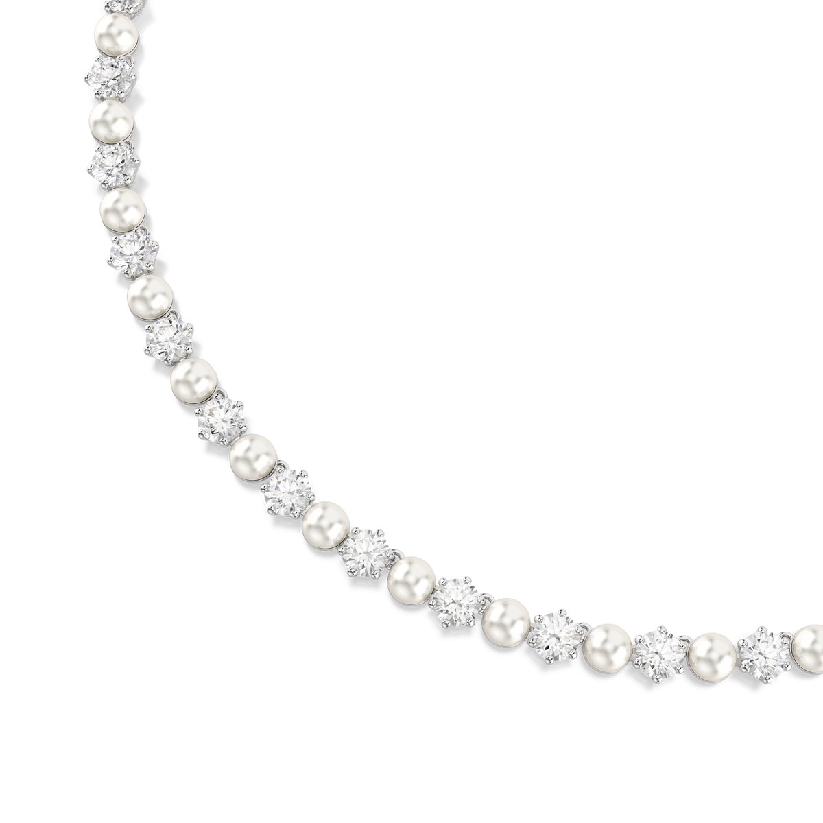 A close-up of the Swarovski Matrix Tennis Necklace, showcasing alternating round white crystal pearls and sparkling round-cut crystals set in an elegant rhodium-plated design against a white background.