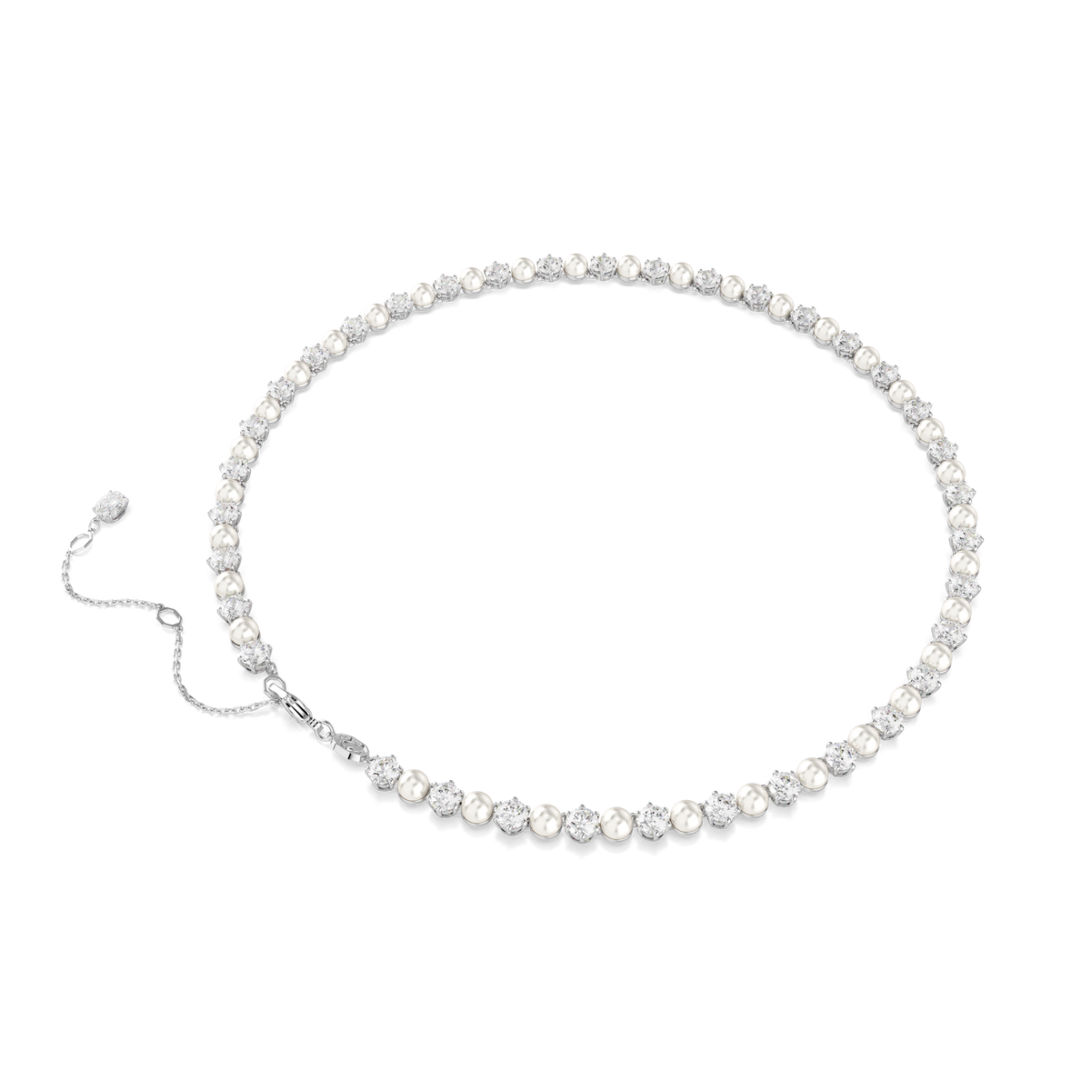 The Swarovski Matrix Tennis necklace features round-cut white crystal pearls set in a single row, with a secure clasp and rhodium-plated finish, displayed on a plain white background.
