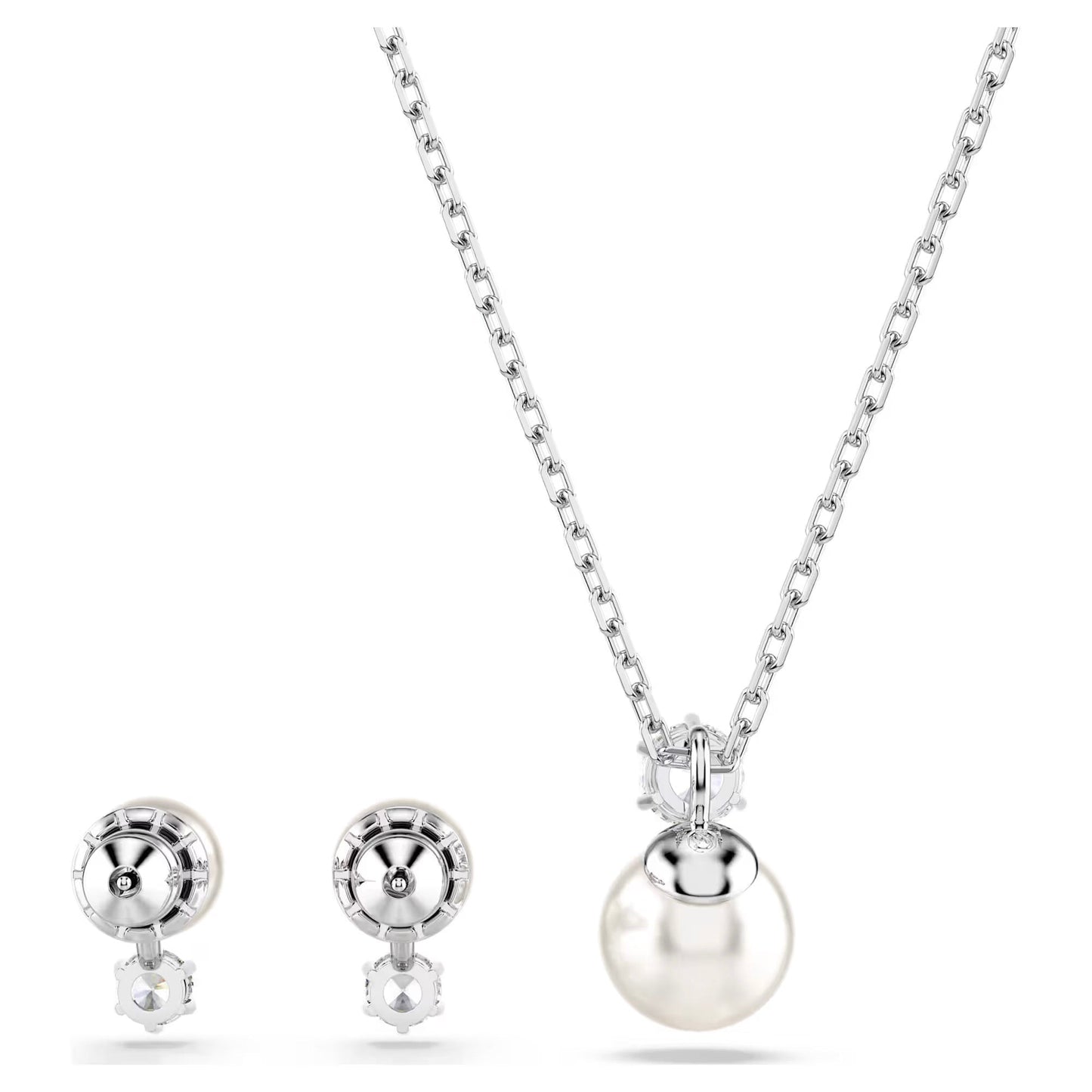 The Swarovski Matrix Earrings and Necklace Set by Swarovski features a silver chain necklace adorned with a single Swarovski Crystal Pearl pendant, paired with matching pearl stud earrings. This rhodium-plated set is beautifully showcased against a white background.