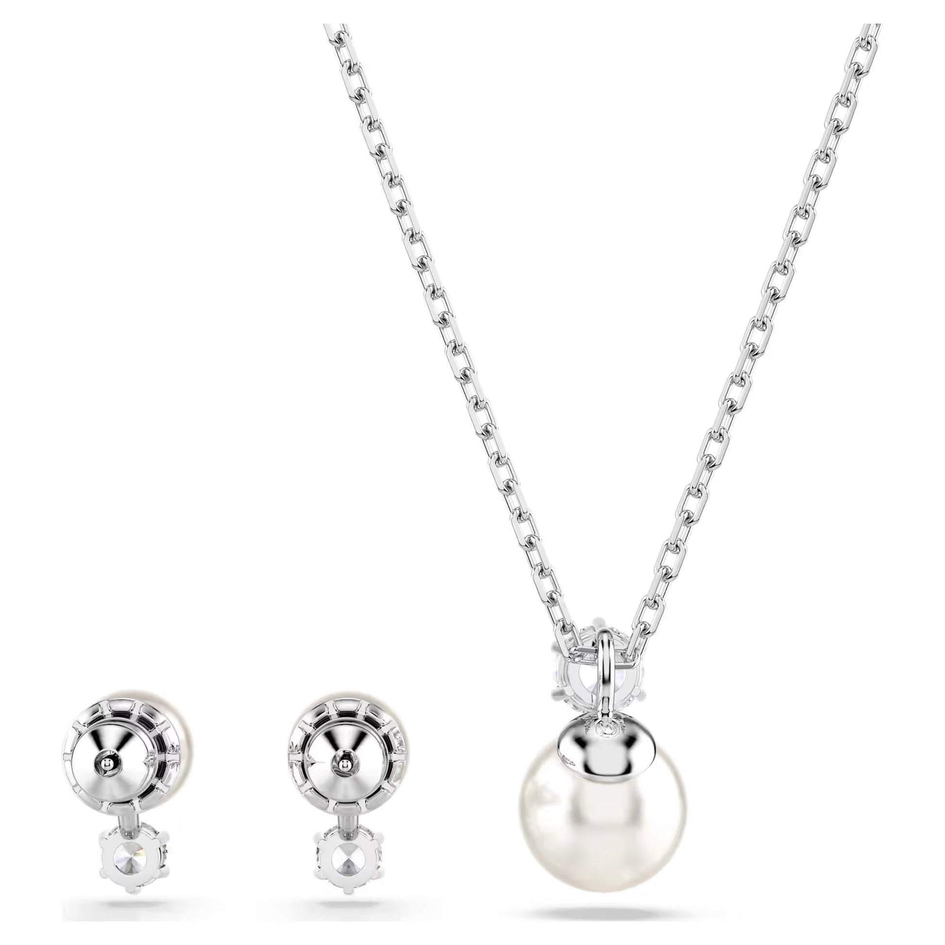 The Swarovski Matrix Earrings and Necklace Set by Swarovski features a silver chain necklace adorned with a single Swarovski Crystal Pearl pendant, paired with matching pearl stud earrings. This rhodium-plated set is beautifully showcased against a white background.