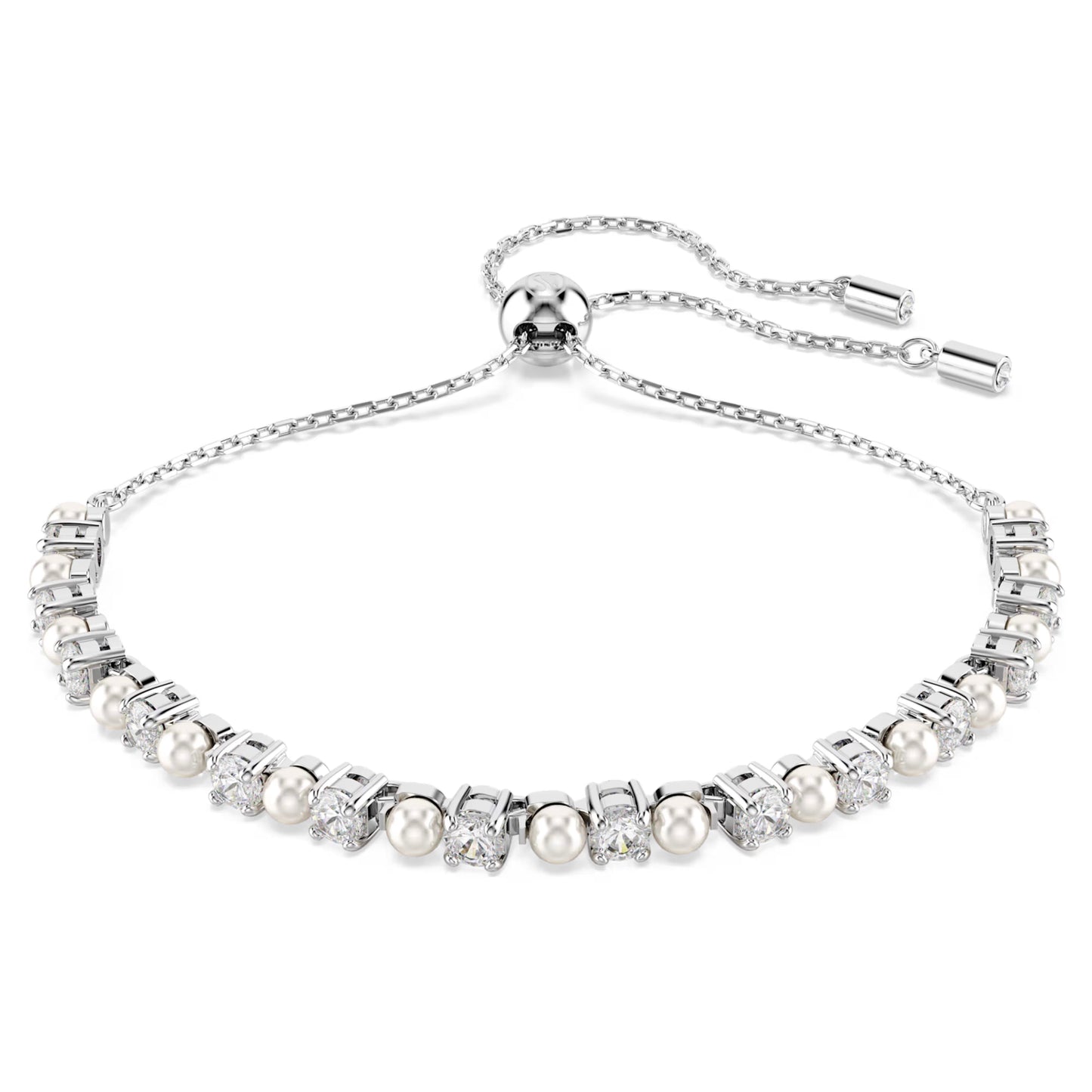 The Swarovski Matrix Bracelet showcases a breathtaking design with lustrous silver elements, embellished with Swarovski Crystal Pearls and dazzling gemstones. This piece features an adjustable chain with a sliding clasp, making it an elegant and refined choice for a sophisticated style.