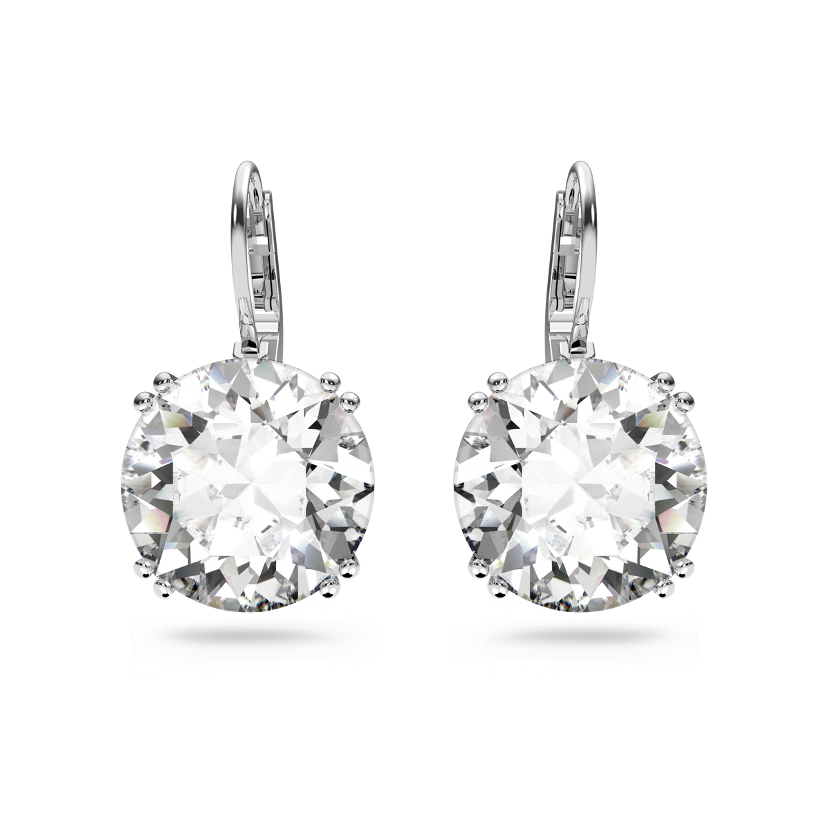 A pair of Swarovski Millenia drop earrings, each showcasing a large round cut white crystal in a classic prong setting and elegantly rhodium plated for a lustrous finish, displayed on a plain white background.