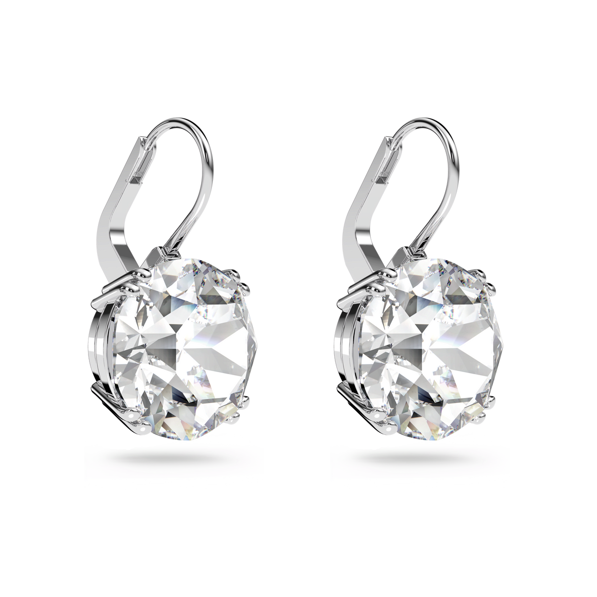 The Swarovski Millenia drop earrings feature large, round cut white crystals set in rhodium plated lever-backs, elegantly displayed on a plain white background.