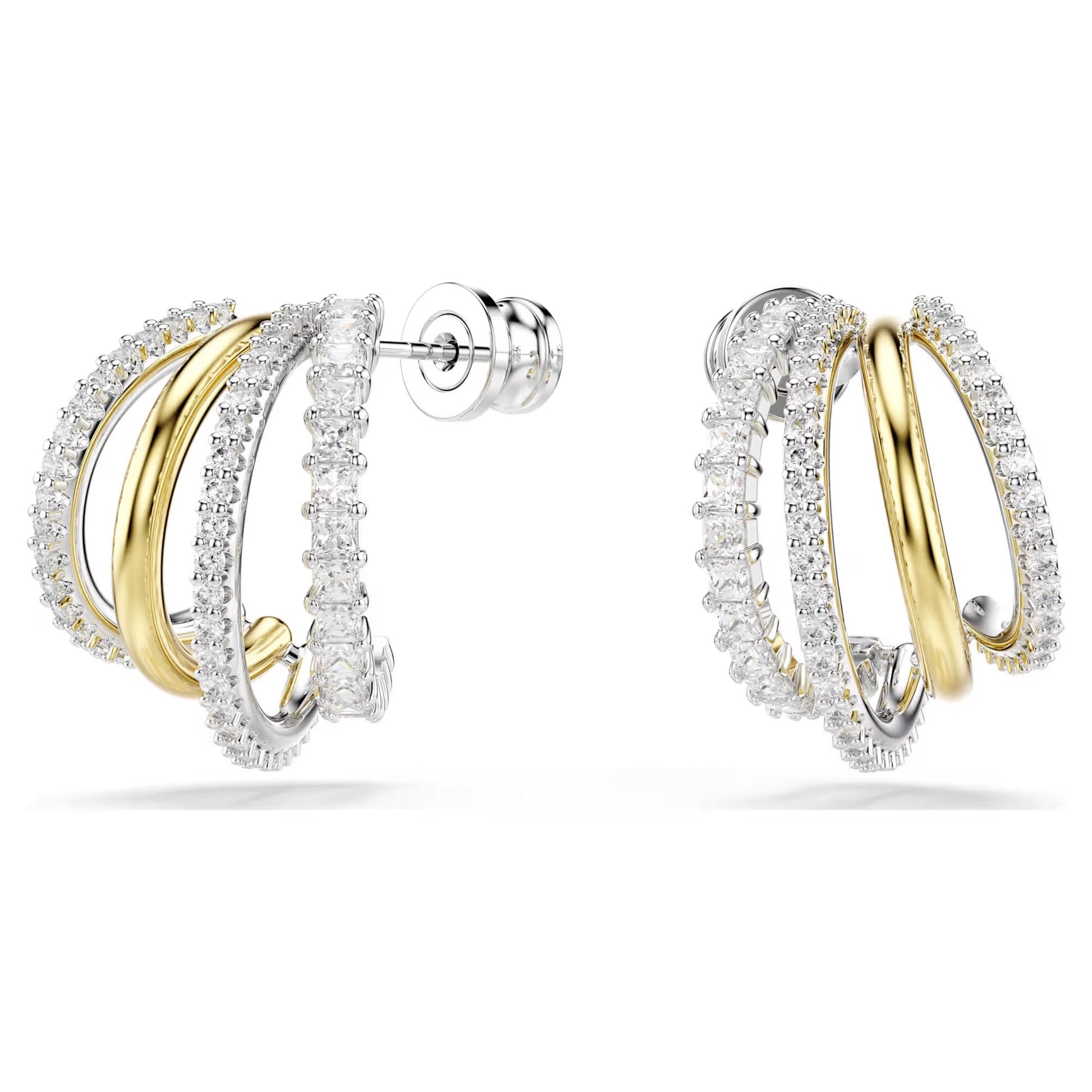Introducing the Swarovski Hyperbola Hoop Earrings by Swarovski, these elegant earrings feature intertwined loops of gold and silver adorned with dazzling Swarovski Zirconia. The mixed metal finish showcases multiple overlapping arcs, offering a sophisticated and luxurious look.