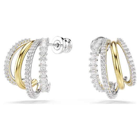Introducing the Swarovski Hyperbola Hoop Earrings by Swarovski, these elegant earrings feature intertwined loops of gold and silver adorned with dazzling Swarovski Zirconia. The mixed metal finish showcases multiple overlapping arcs, offering a sophisticated and luxurious look.