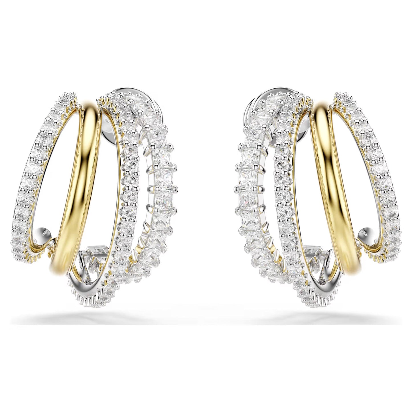 Introducing the Swarovski Hyperbola Hoop Earrings by Swarovski, a pair of elegant earrings featuring interlocking loops of silver and gold in a mixed metal finish. The silver loops are adorned with sparkling Swarovski Zirconia, creating a luxurious and sophisticated design against a white background.
