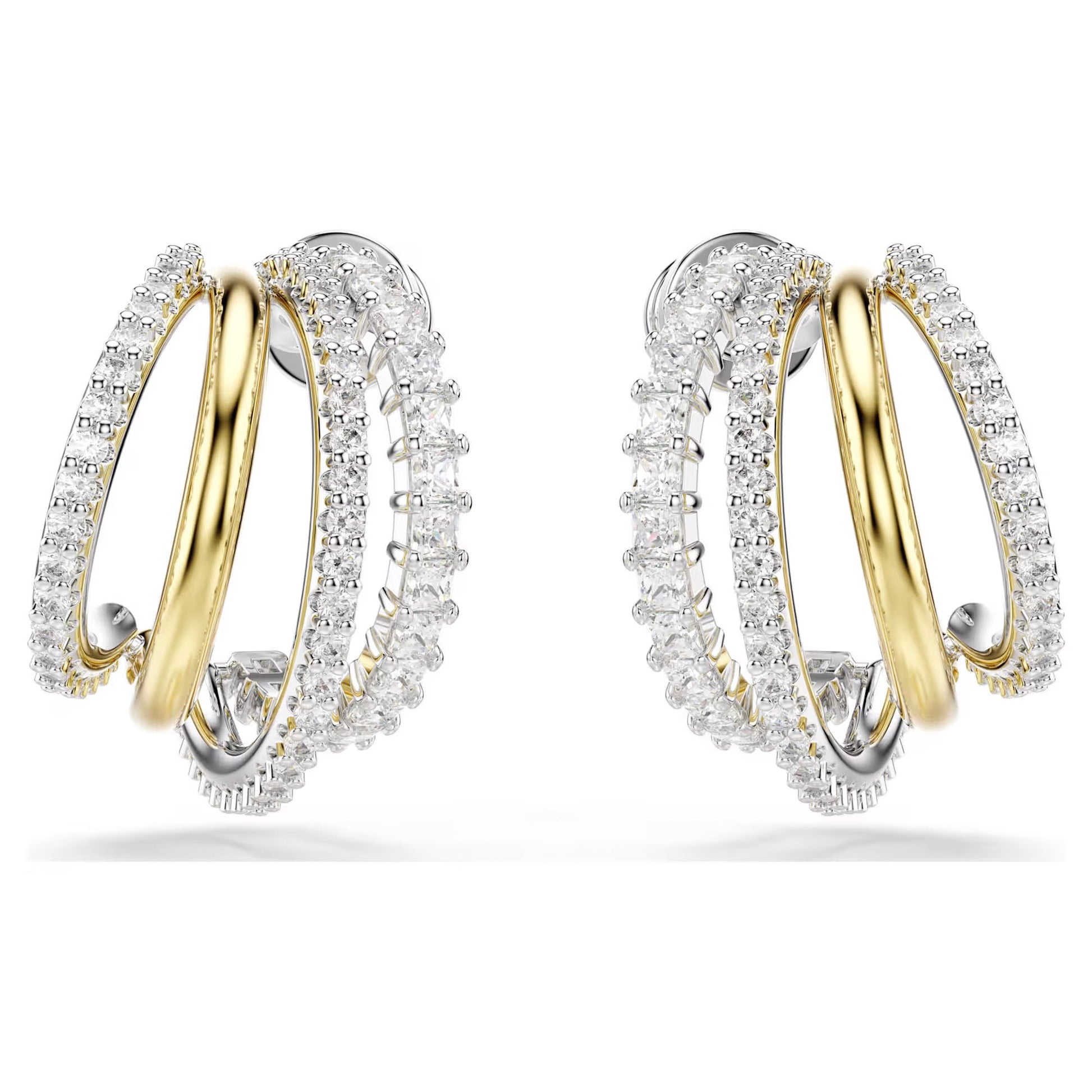Introducing the Swarovski Hyperbola Hoop Earrings by Swarovski, a pair of elegant earrings featuring interlocking loops of silver and gold in a mixed metal finish. The silver loops are adorned with sparkling Swarovski Zirconia, creating a luxurious and sophisticated design against a white background.