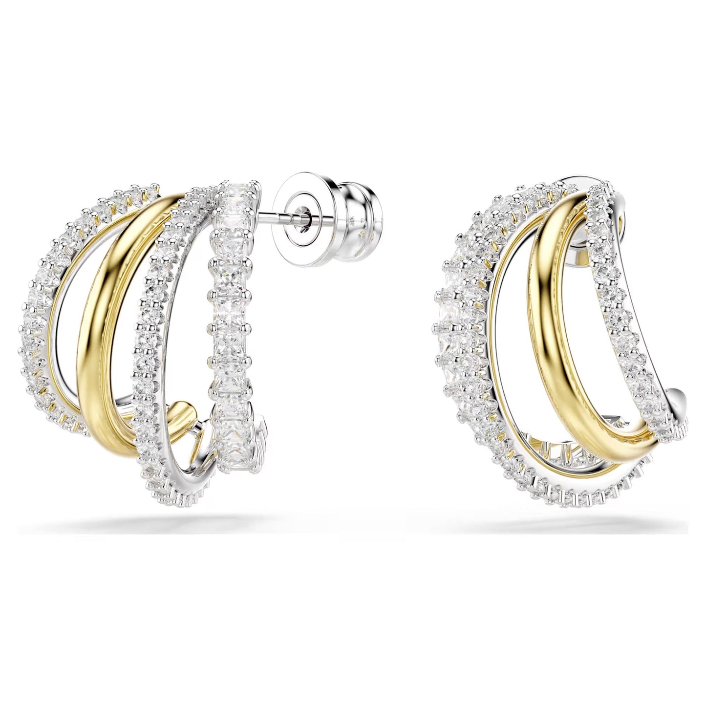 Discover the exquisite Swarovski Hyperbola Hoop Earrings by Swarovski. These earrings showcase intertwined loops of gold and silver in a mixed metal finish, each loop sparkling with Swarovski Zirconia that enhances their luxurious design. With secure backings and polished elegance, they are ideal for any occasion.