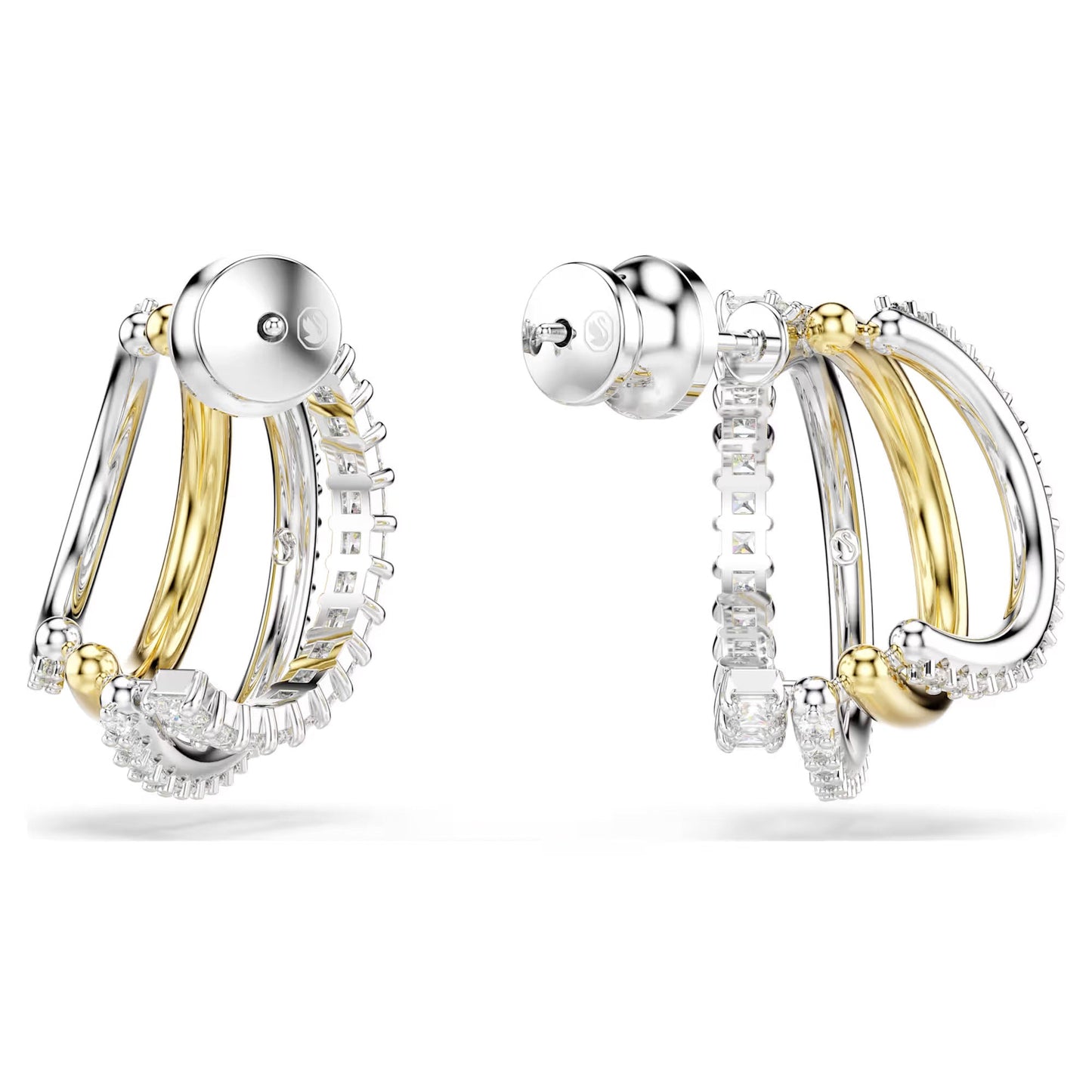 Presenting the Swarovski Hyperbola Hoop Earrings by Swarovski, these exquisite earrings showcase a chic combination of silver and gold tones with a mixed metal finish. Their elaborate hoop design is embellished with Swarovski Zirconia, seamlessly blending smooth and textured elements for a stylish and contemporary appearance.