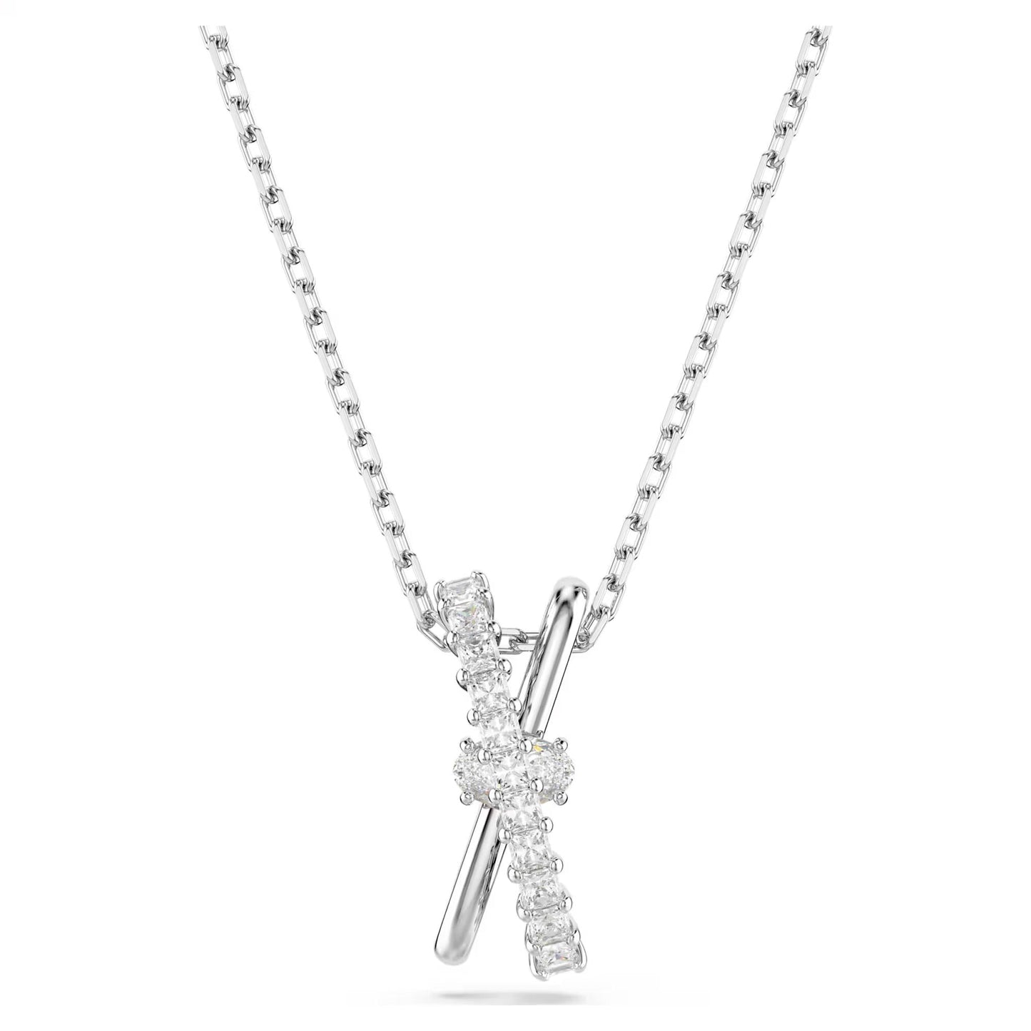 As part of the Swarovski Hyperbola collection, this elegant silver necklace pendant features two intersecting sticks. One is adorned with shimmering Swarovski Zirconia, all beautifully set against a white background.
