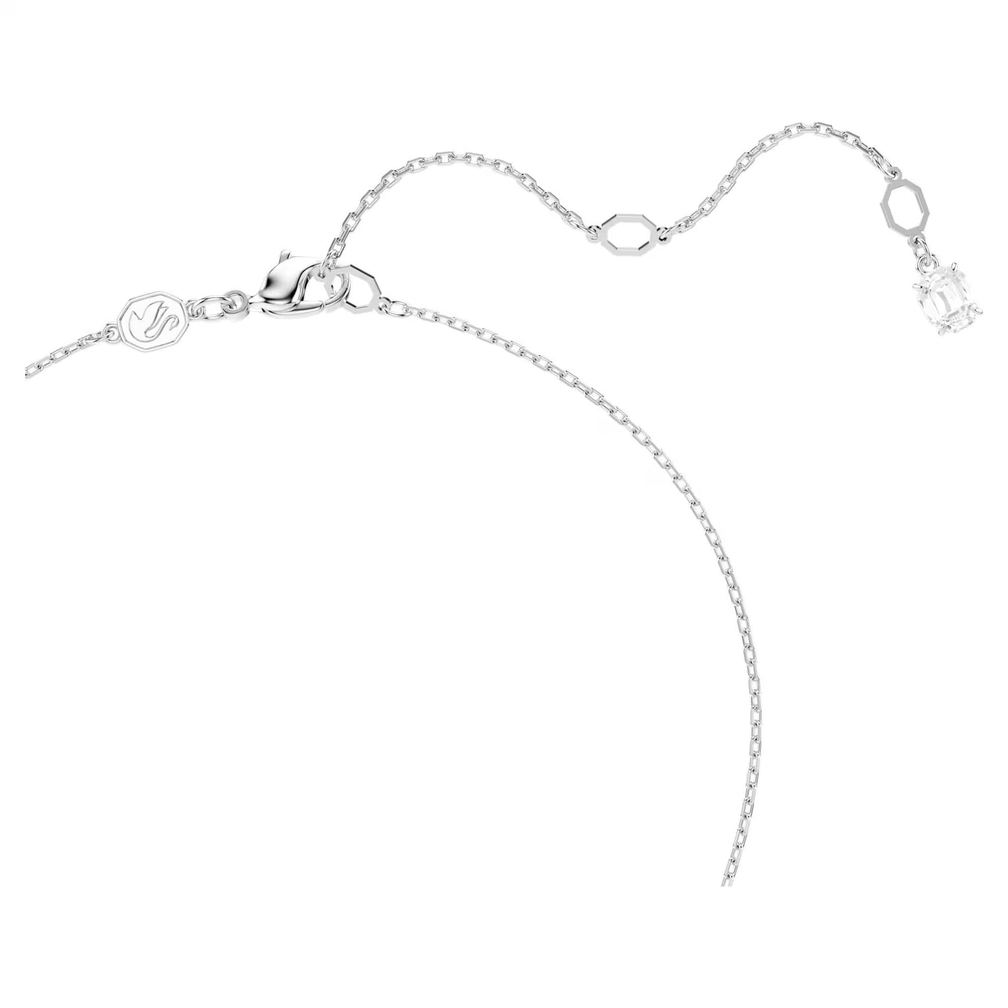 The Swarovski Hyperbola Necklace Pendant by Swarovski is a delicate rhodium-plated silver chain necklace adorned with a small, rectangular-cut Swarovski Zirconia pendant. It features adjustable links, a lobster clasp, and a small circular tag engraved with the brand logo.