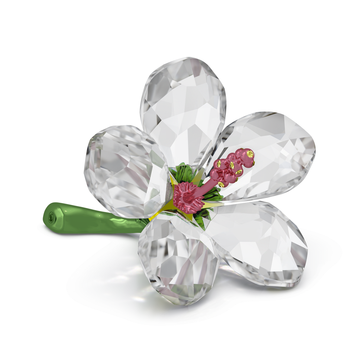 The Swarovski Florere Hibiscus Small, an authentic piece from Swarovski, showcases five faceted clear crystal petals, a green stem, and a pink and yellow center, elegantly presented against a white background.