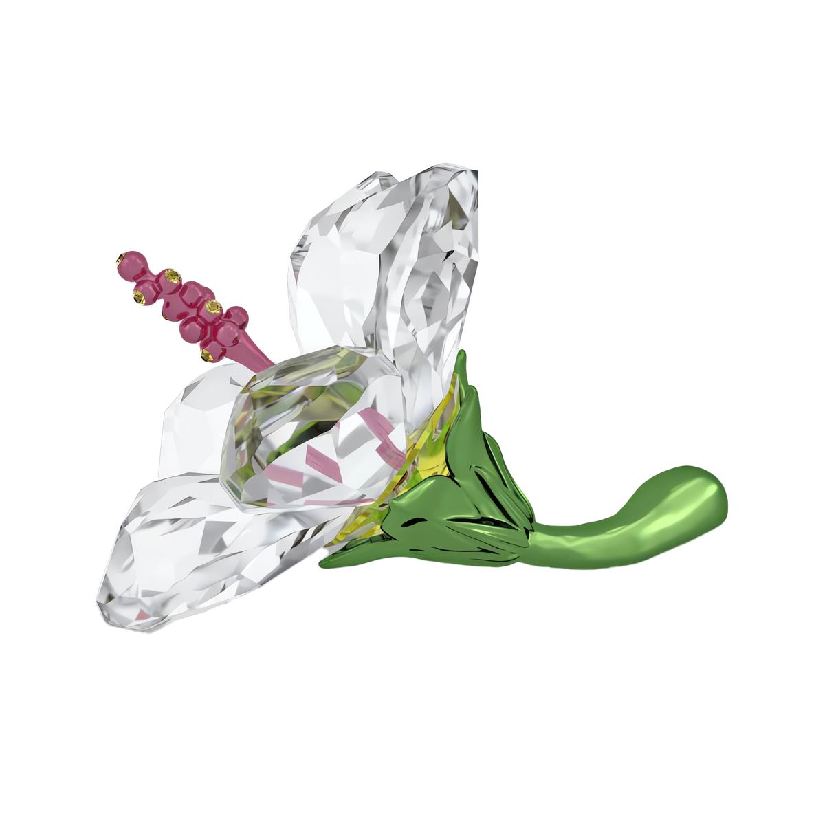 The Swarovski Florere Hibiscus Small, featuring clear crystal petals, a green stem, a light green base, and a pink stamen with yellow tips, showcases genuine Swarovski craftsmanship and is available through Swarovski Canada.
