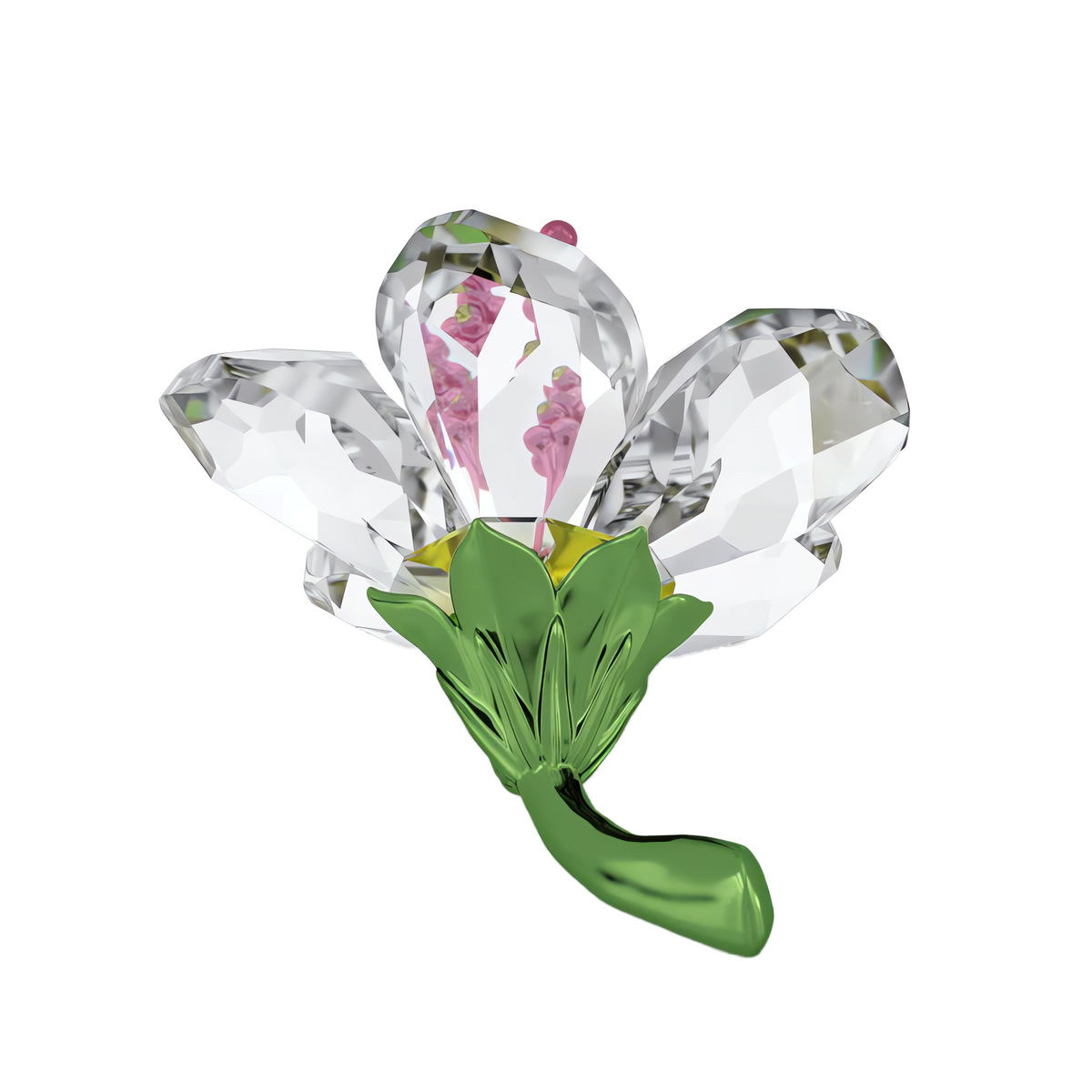 A stunning Swarovski Florere Hibiscus Small, featuring faceted clear crystal petals, a green stem and leaves, and delicate pink accents at the center, is showcased against a plain white background—making it a brilliant addition to any Swarovski collection in Canada.