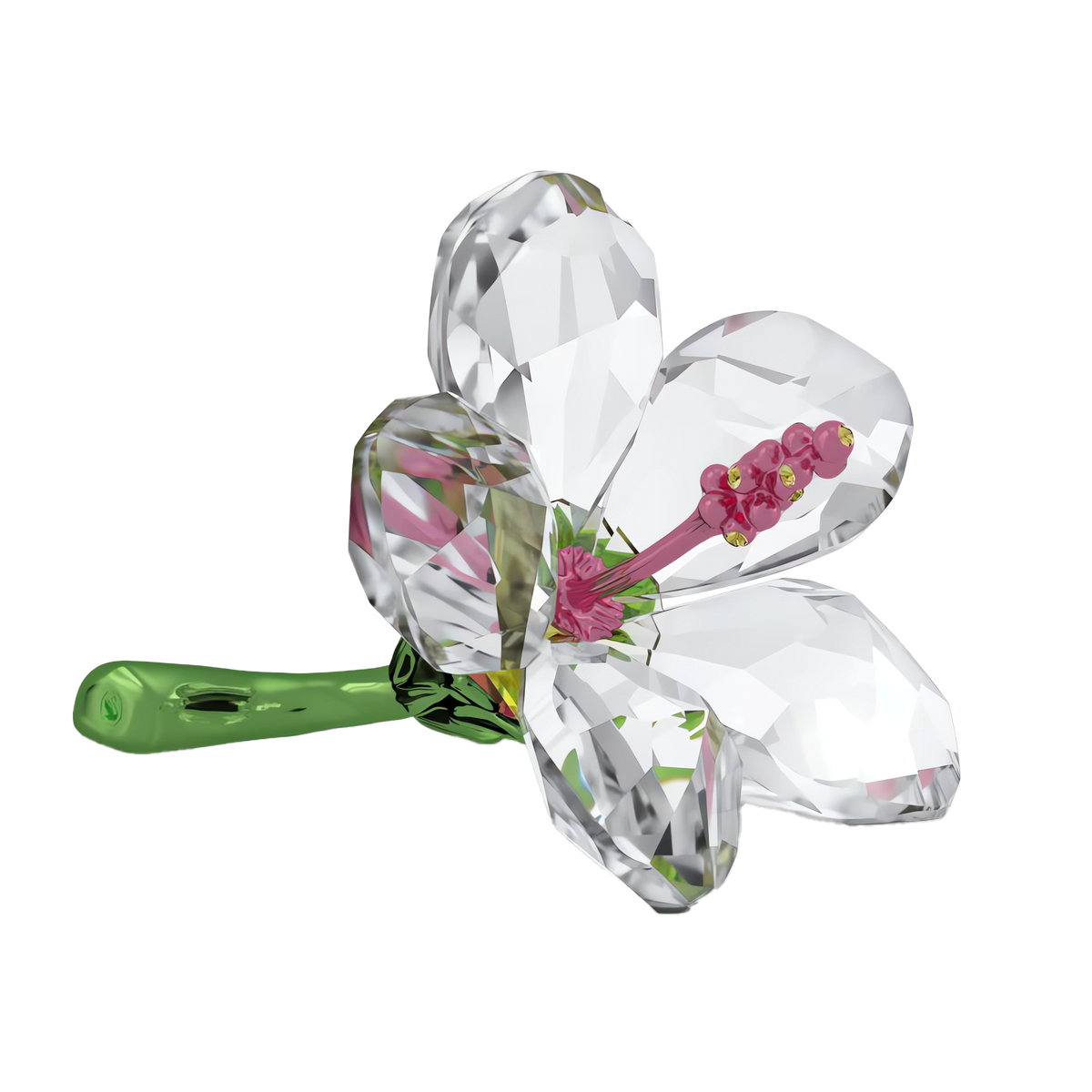 Featuring five faceted clear crystal petals, a green crystal stem, and a pink stamen, the Swarovski Florere Hibiscus Small by Swarovski is showcased against a white background—expertly highlighting the refined elegance and renowned craftsmanship of Swarovski Canada.