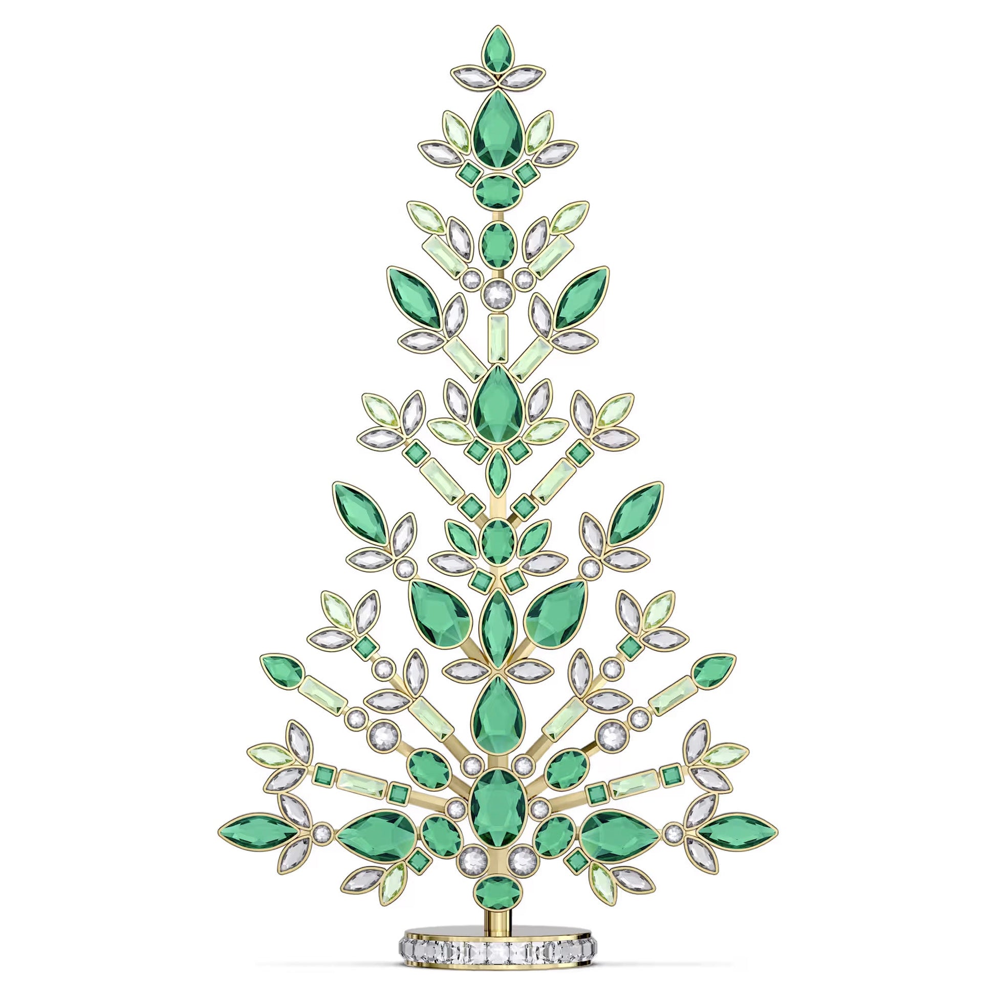 The Swarovski Gema Holiday Tree Home Décor features a sophisticated design, embellished with green crystals and clear gemstones in the shapes of leaves and teardrops on a white backdrop—ideal for enhancing your holiday decorations.