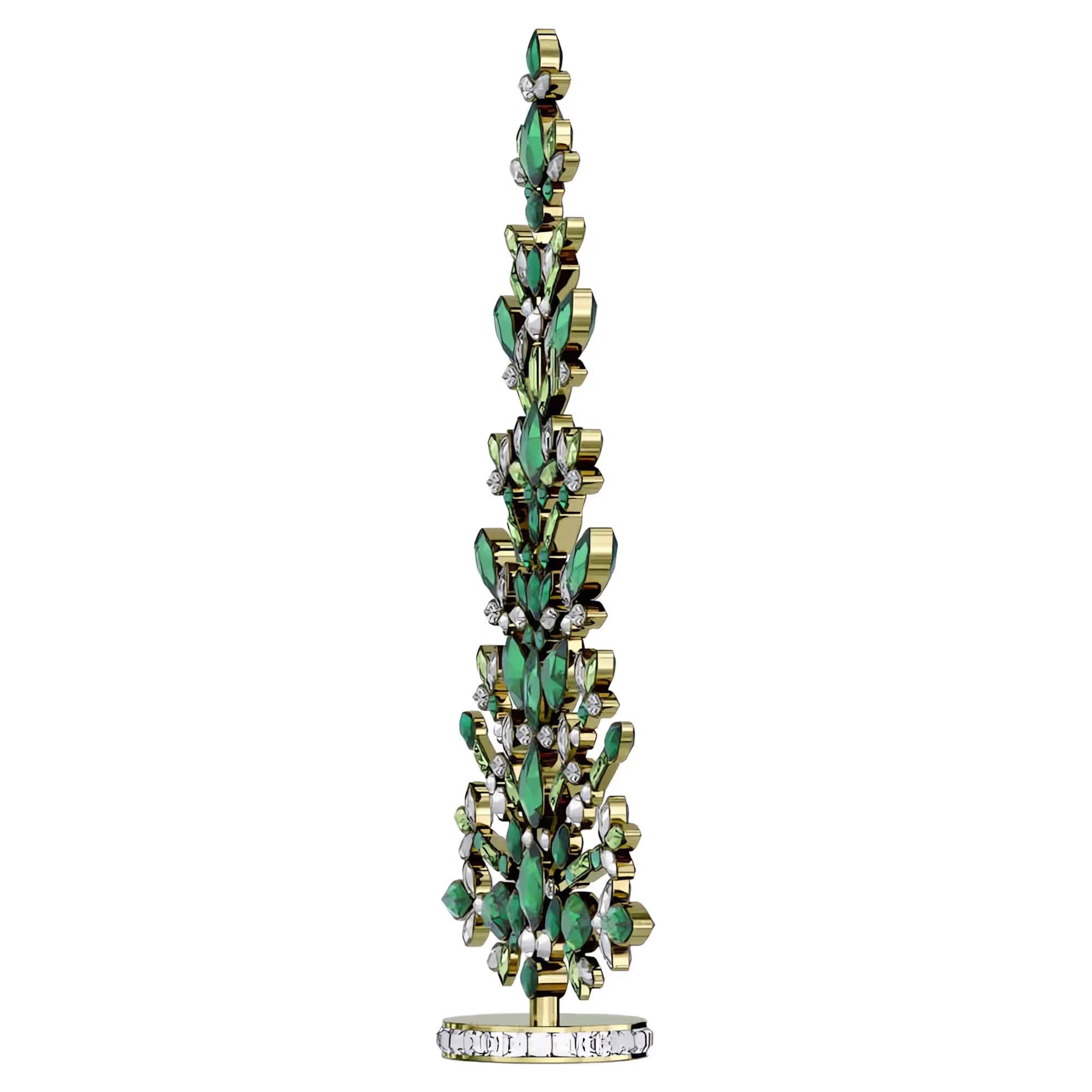 The Swarovski Gema Holiday Tree Home Décor, by Swarovski, is a tall and ornate sculpture crafted with green crystals and gold metal. This exquisite piece is beautifully adorned with small white flowers and stands elegantly on a circular base.