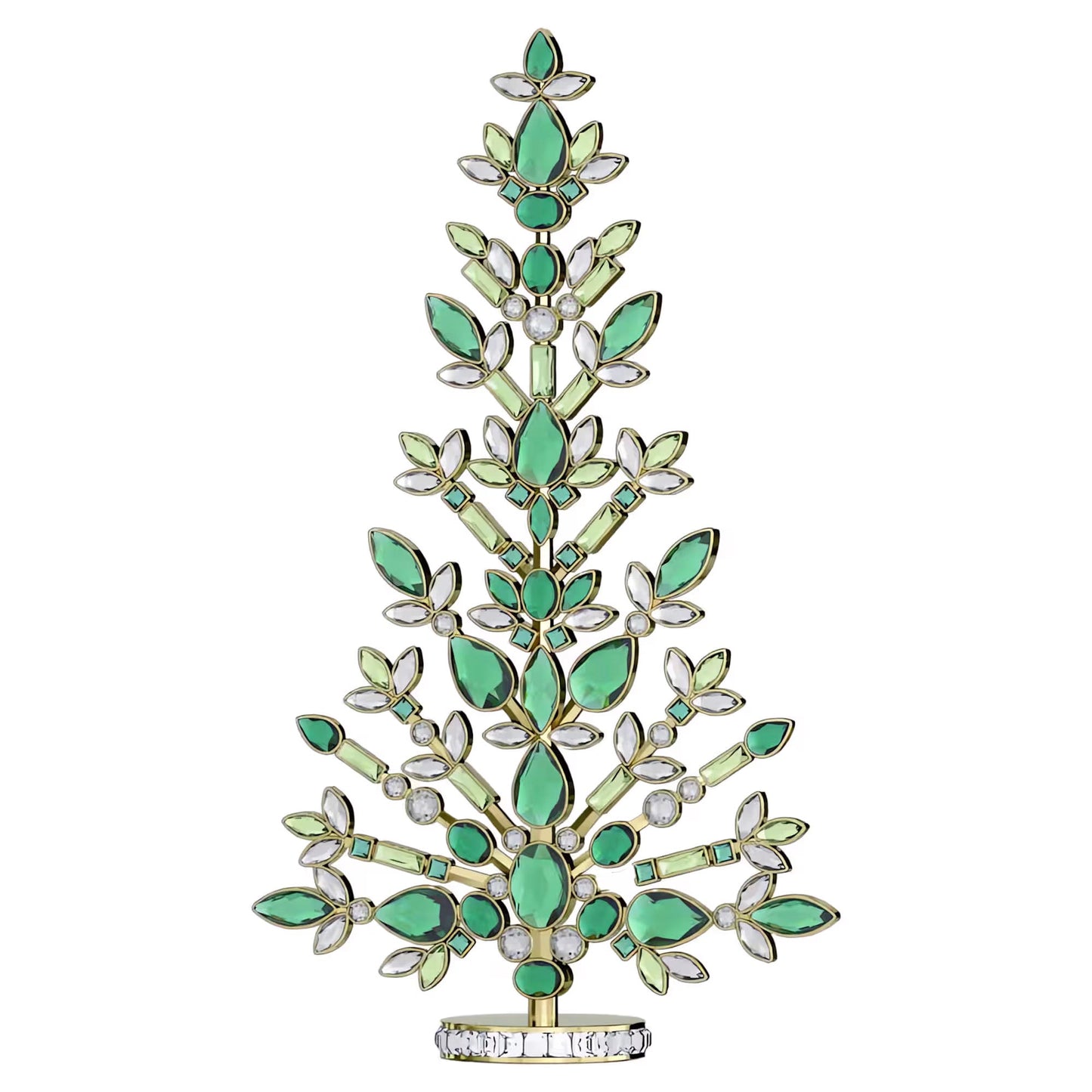 Introducing the Swarovski Gema Holiday Tree Home Décor by Swarovski, a stunning ornament featuring green crystals and clear jewel-like stones in a symmetrical design set on a gold-colored base. This piece is perfect for adding elegance to your holiday décor.
