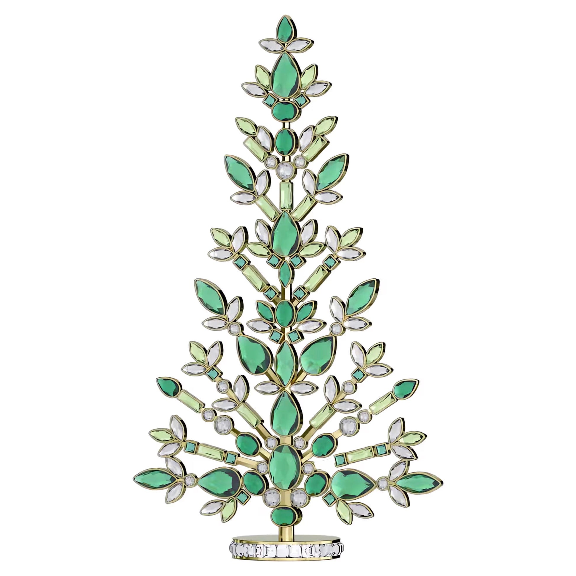 Introducing the Swarovski Gema Holiday Tree Home Décor by Swarovski, a stunning ornament featuring green crystals and clear jewel-like stones in a symmetrical design set on a gold-colored base. This piece is perfect for adding elegance to your holiday décor.