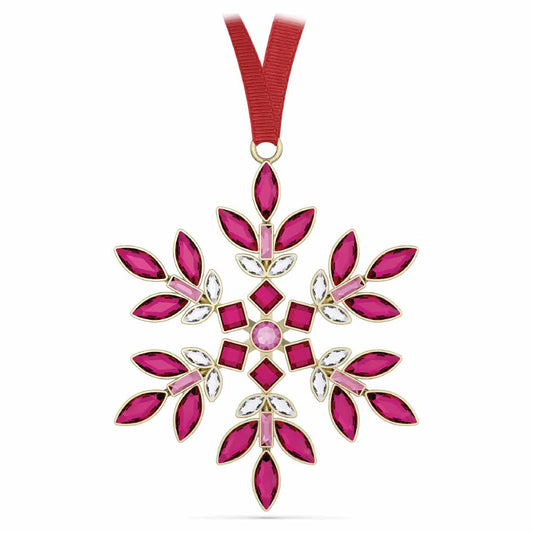 The Swarovski Gema Holiday Ornament Home Décor, crafted by Swarovski, is a jeweled snowflake ornament with gold outlines. It showcases red and clear Swarovski crystals arranged symmetrically and hangs gracefully from a red ribbon as part of the Gema snowflake ornaments collection.