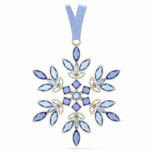 This Swarovski Gema Holiday Ornament Home Décor piece features a captivating crystal arrangement with symmetrically placed light and dark blue crystals, complete with a ribbon for easy hanging.