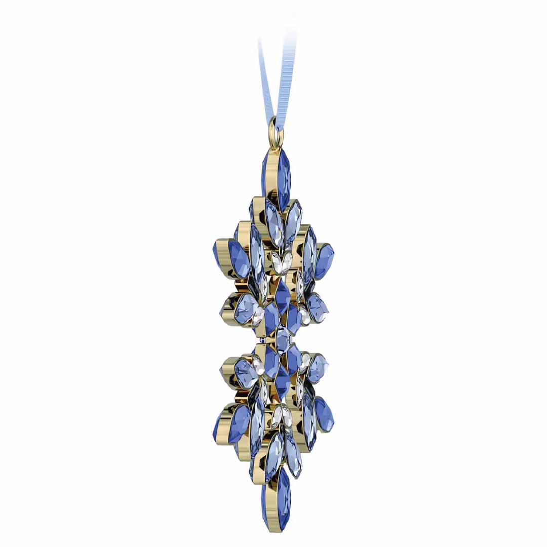 An intricately designed Swarovski Gema Holiday Ornament Home Décor piece showcases blue and clear gemstones set in a metal frame, elegantly suspended from a blue ribbon.