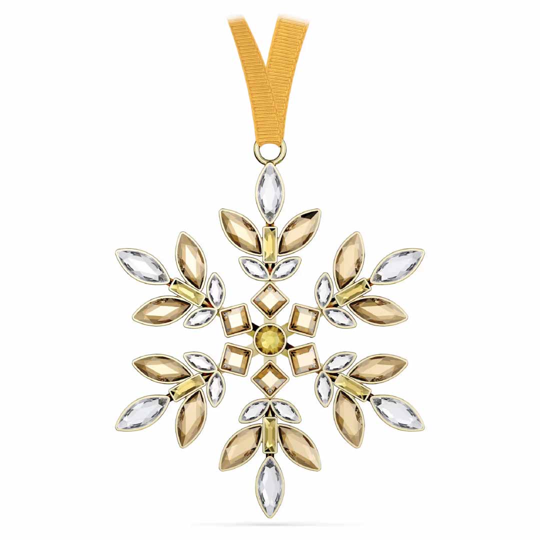 The Swarovski Gema Holiday Ornament Home Décor features a stunning gold and silver snowflake design with marquise-shaped crystals and a geometric center, elegantly suspended by a gold ribbon. This exquisite ornament from the renowned Swarovski brand adds sophistication to any holiday decor.