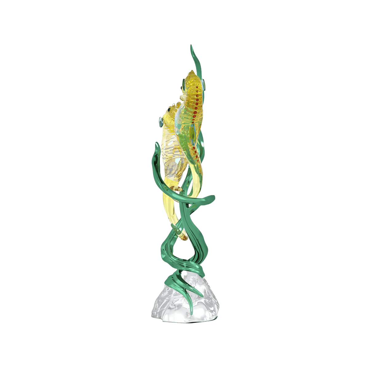 Introducing the Swarovski Idyllia SCS Annual Edition 2025 Seahorses, a beautiful glass sculpture featuring two yellow seahorses gracefully entwined around green seaweed atop a clear base. This exquisite piece is part of the exclusive SCS Annual Edition 2025 collection and is available only from Swarovski Canada.