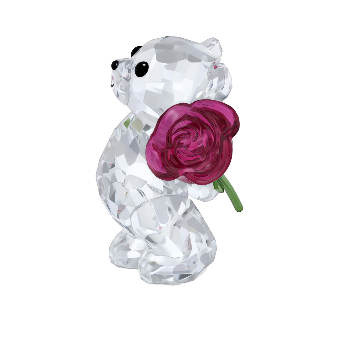 Swarovski’s Kris Bear A Rose with Love figurine, inspired by the iconic Kris Bear collection, features a faceted crystal bear standing upright on a white background and holding a red crystal rose behind its back—making it a charming romantic decoration and an ideal Valentine’s gift.