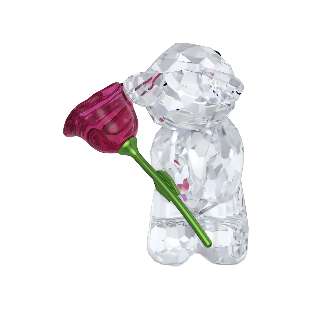 The “Swarovski Kris Bear A Rose with Love” by Swarovski features a clear, faceted crystal bear holding a pink crystal rose with a green stem, set against a plain white background—an ideal romantic figurine and perfect Valentine’s gift.