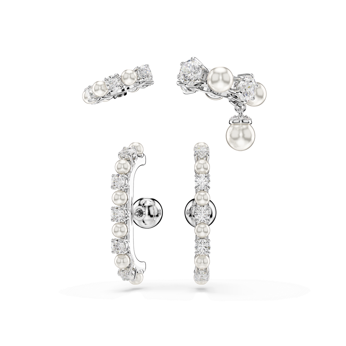Four pairs of silver earrings featuring pearls and clear gemstones are displayed on a white background, highlighting diverse styles such as hoops and studs. These Swarovski Earrings Matrix Pearl from Swarovski Canada showcase exquisite craftsmanship and elegant Matrix Pearl accents, making them the perfect choice to elevate any look with timeless style.
