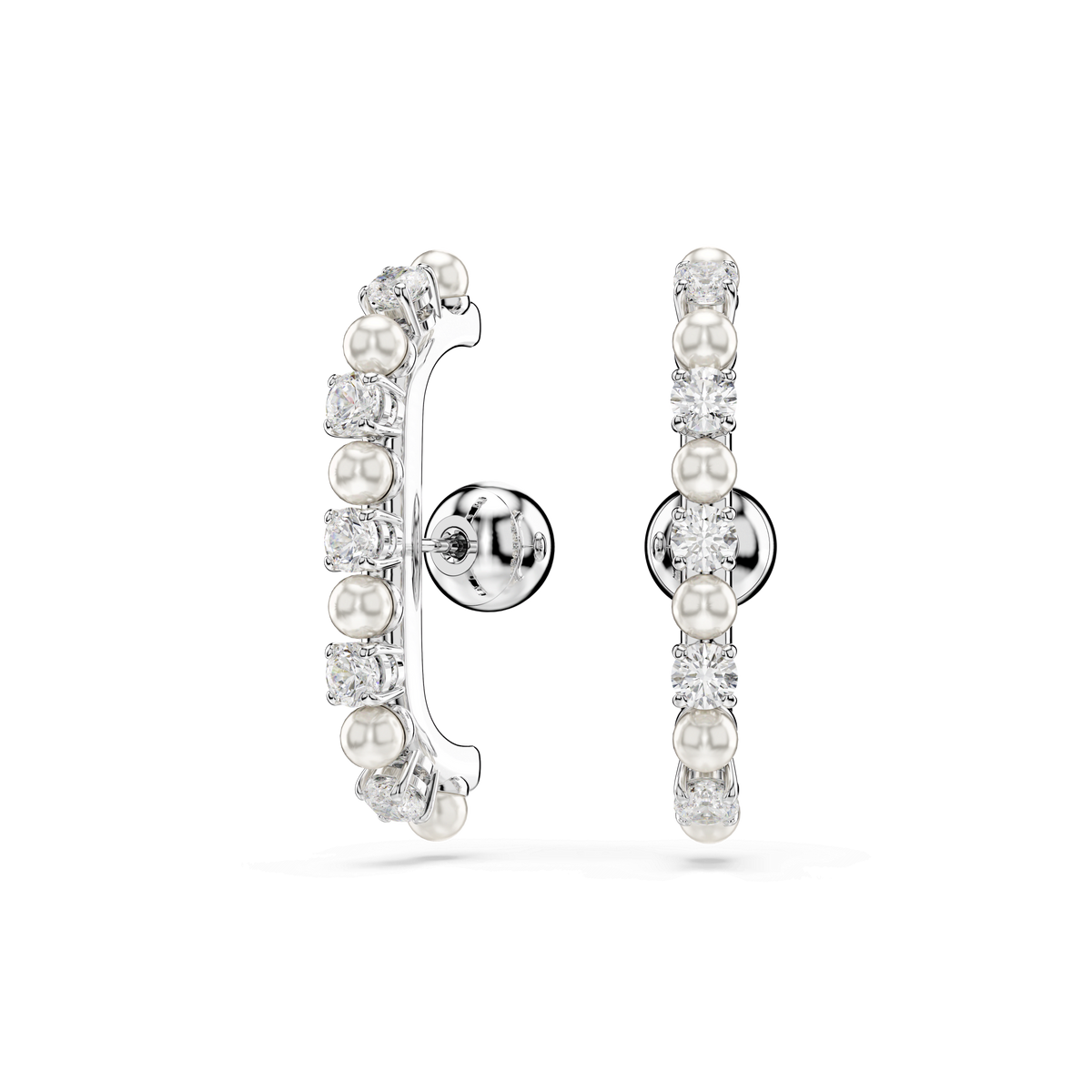 A pair of Swarovski Earrings Matrix Pearl by Swarovski, each featuring a front and side view showcasing alternating rows of round white Matrix Pearls and sparkling clear gemstones, displayed against a plain white background.