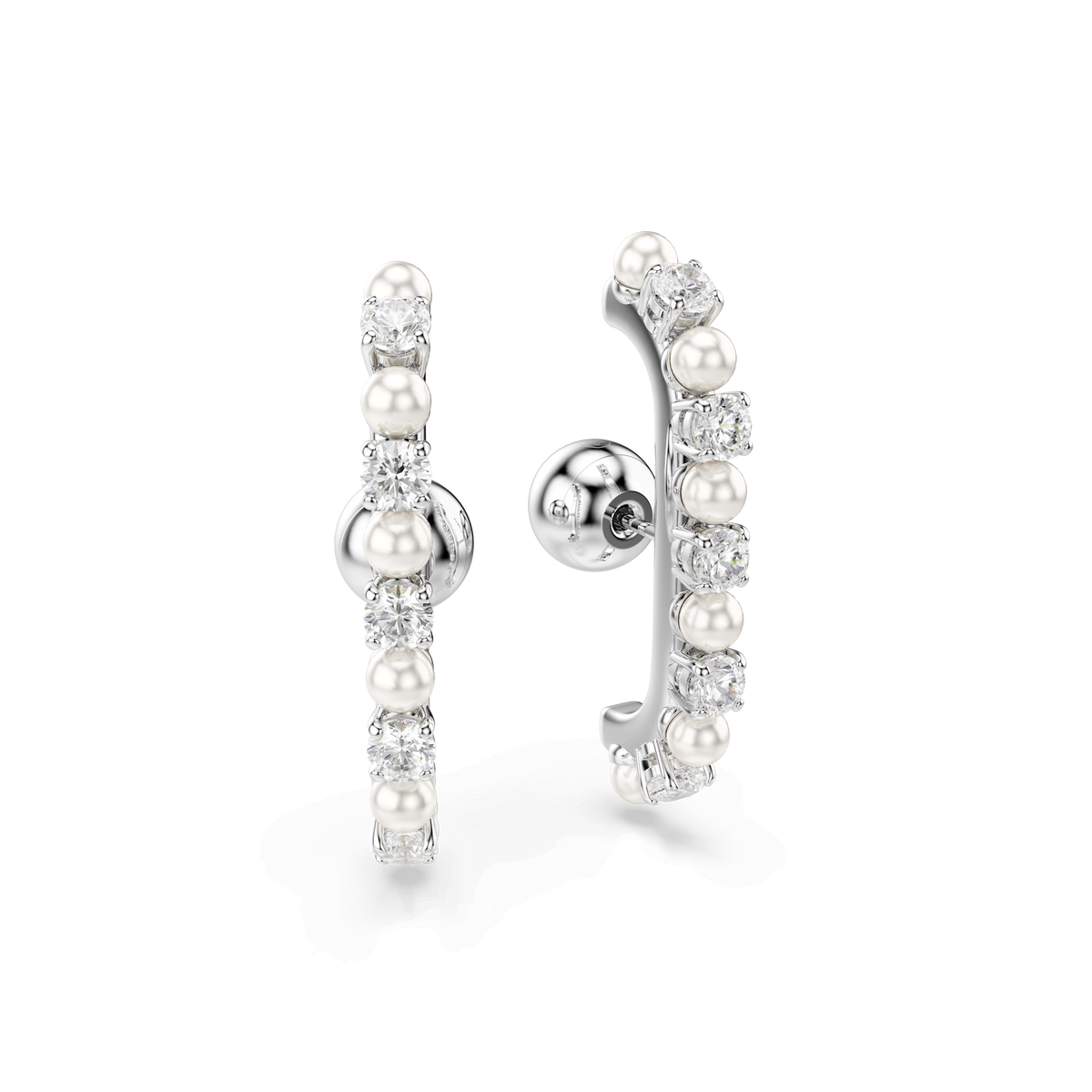 A pair of Swarovski Earrings Matrix Pearl by Swarovski, featuring silver hoops embellished with alternating small white pearls and sparkling clear gemstones in an elegant Matrix Pearl design, displayed against a plain white background.