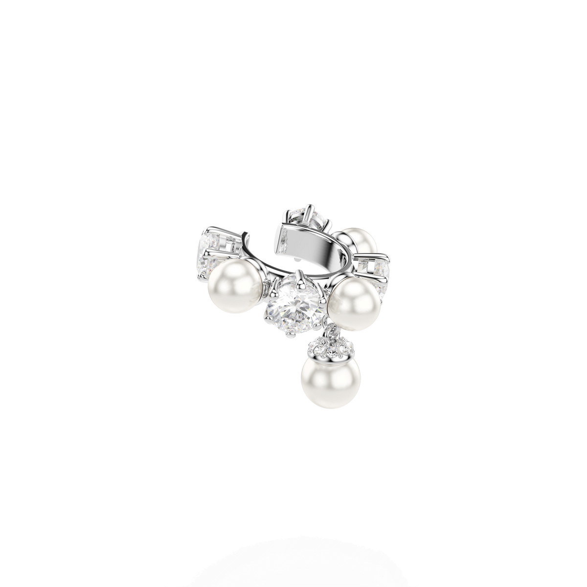 A silver ring embellished with white pearls and clear gemstones in a sophisticated cluster design inspired by the Matrix Pearl collection, showcased on a plain white background. An ideal complement to your Swarovski Earrings Matrix Pearl from Swarovski.