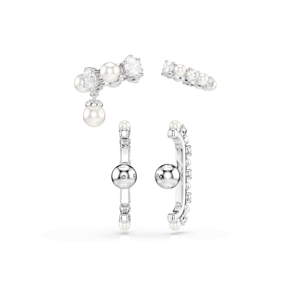 Four Swarovski Earrings Matrix Pearl by Swarovski are arranged on a light gray background, showcasing elegant curved and straight designs adorned with Matrix Pearl accents and clear crystals.