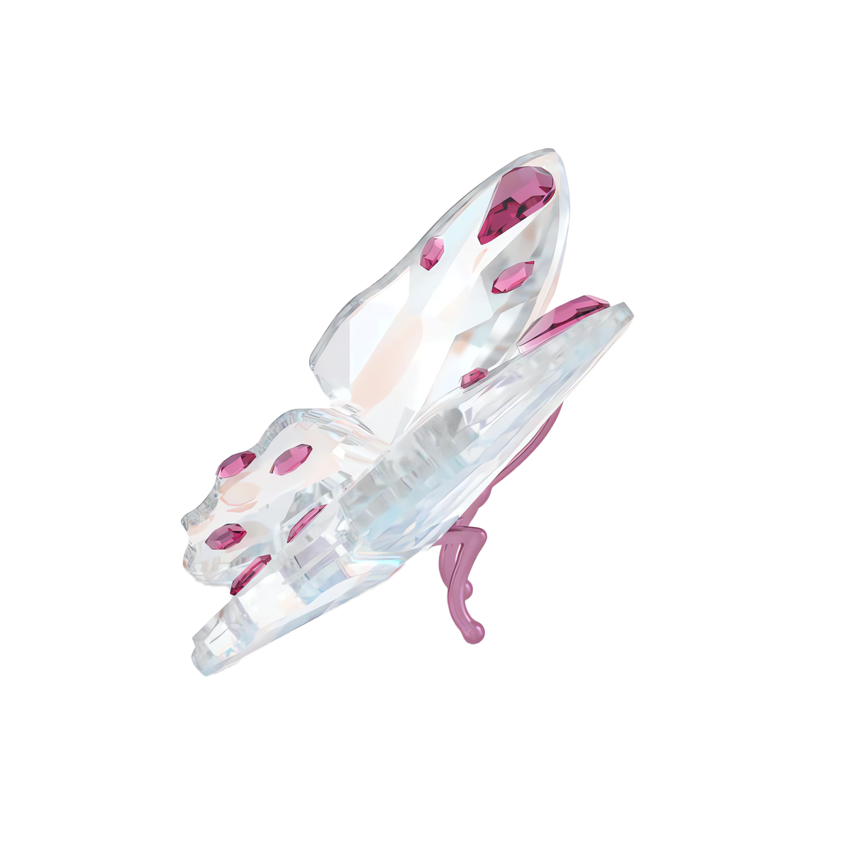 The Swarovski Idyllia Butterfly, Small by Swarovski features a clear crystal design with pink accents on its wings and a pink body, elegantly displayed against a plain white background—a sophisticated butterfly decoration perfect for enhancing your home décor.
