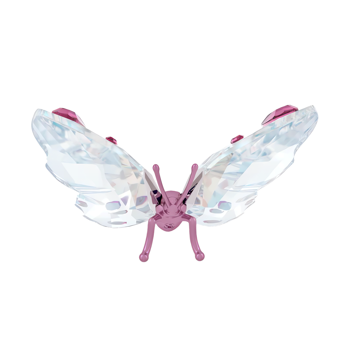 Introducing the Swarovski Idyllia Butterfly, Small by Swarovski—this exquisite crystal figurine showcases clear, faceted crystal wings and a lustrous pink body. Set against a plain white background, it makes a charming and elegant addition to any home décor.