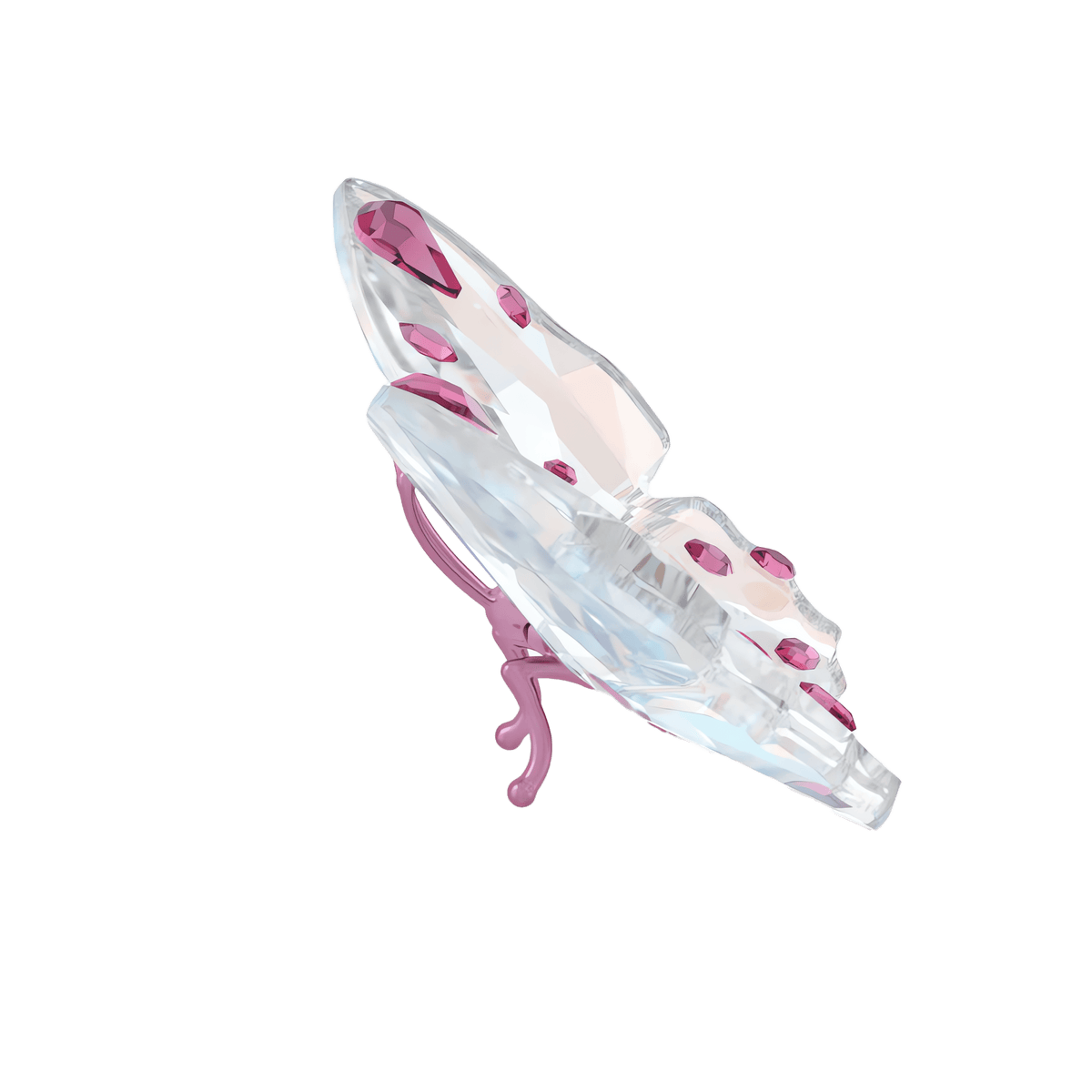 The Swarovski Idyllia Butterfly, Small by Swarovski is a charming butterfly decoration featuring delicate clear wings adorned with pink spots and a pink body. Set against a white background, this exquisite crystal figurine enhances your home décor and brings an elegant touch to any space.
