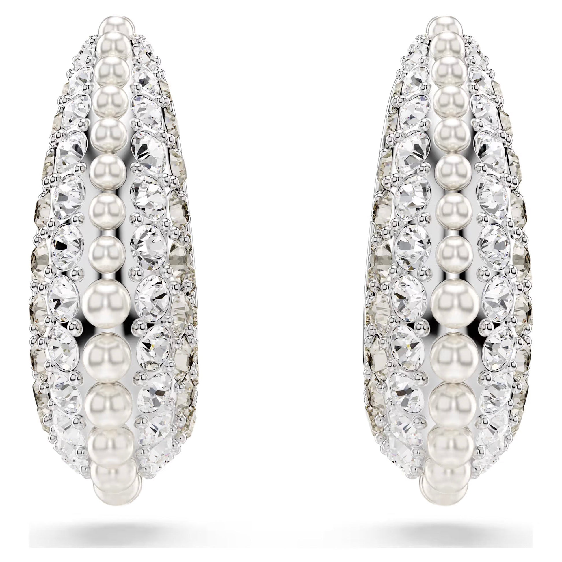 A close-up view showcases the Swarovski Sublima Drop Earrings by Swarovski, featuring an elegant design of clear crystal pavé flanked by round Swarovski Crystal Pearls. The symmetrical style exudes luxury and intricacy, enhanced with a rhodium-plated finish. The earrings are set against a plain white background.