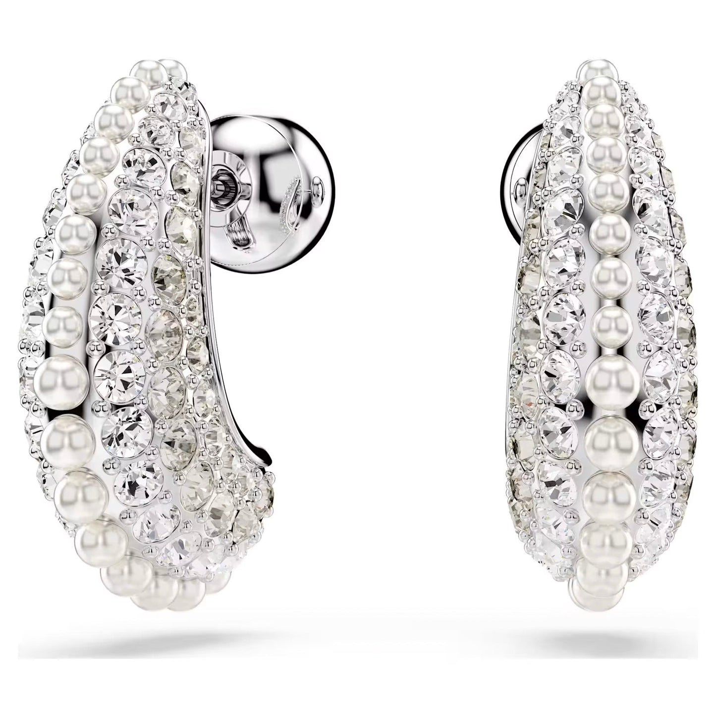 The Swarovski Sublima Drop Earrings from the brand Swarovski display rows of Swarovski Crystal Pearls and a pavé of clear crystals, elegantly arranged in a curved design on a rhodium-plated silver base. Finished with a reflective, spherical stud, they emanate sophistication.