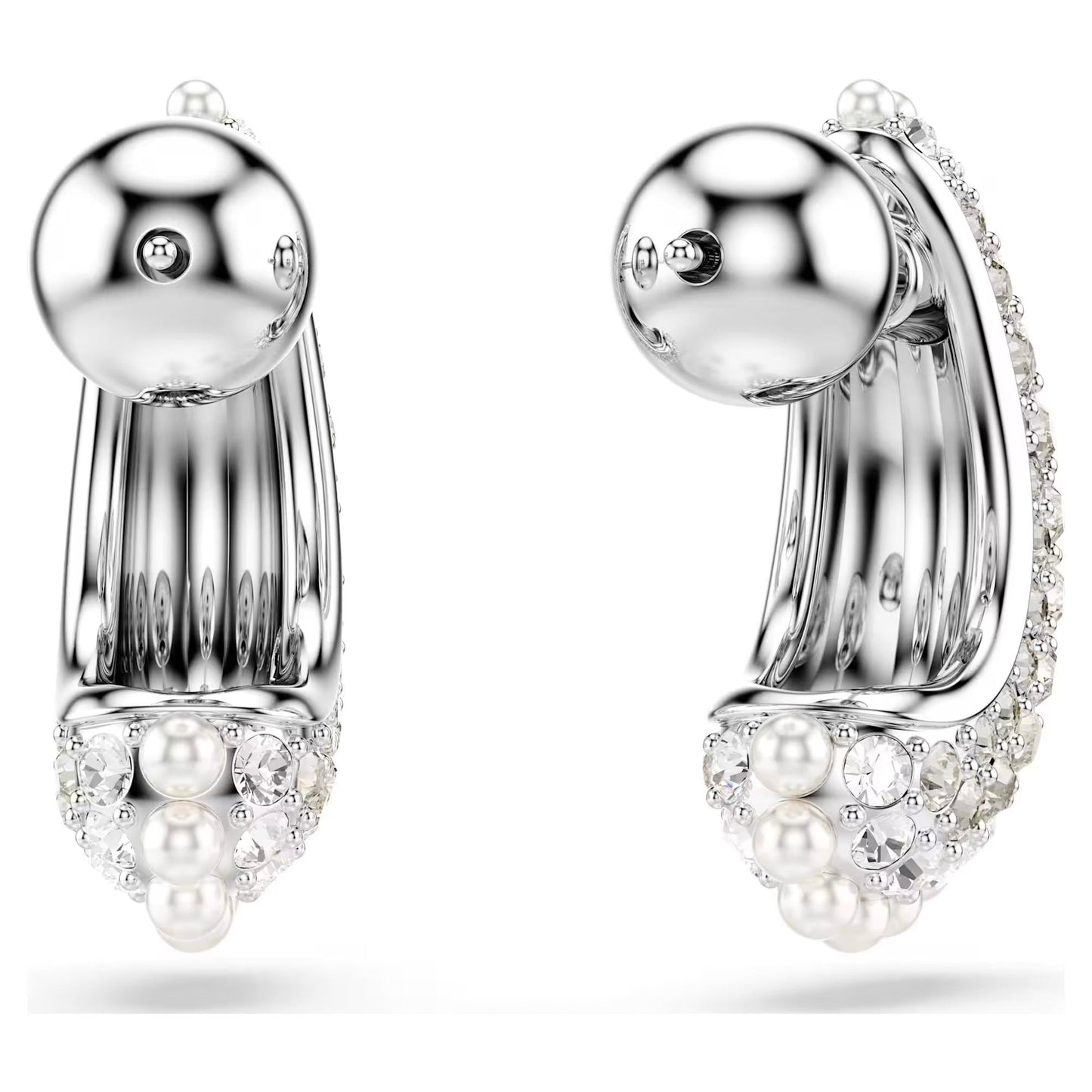 Introducing the Swarovski Sublima Drop Earrings, a stunning pair of rhodium-plated silver earrings featuring a captivating curved design. Adorned with Swarovski Crystal Pearls and clear gemstones, they exude symmetrical elegance against a plain white background.