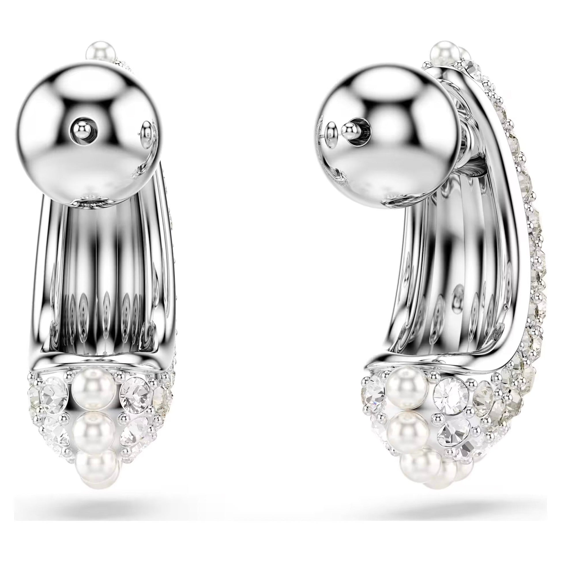 Introducing the Swarovski Sublima Drop Earrings, a stunning pair of rhodium-plated silver earrings featuring a captivating curved design. Adorned with Swarovski Crystal Pearls and clear gemstones, they exude symmetrical elegance against a plain white background.