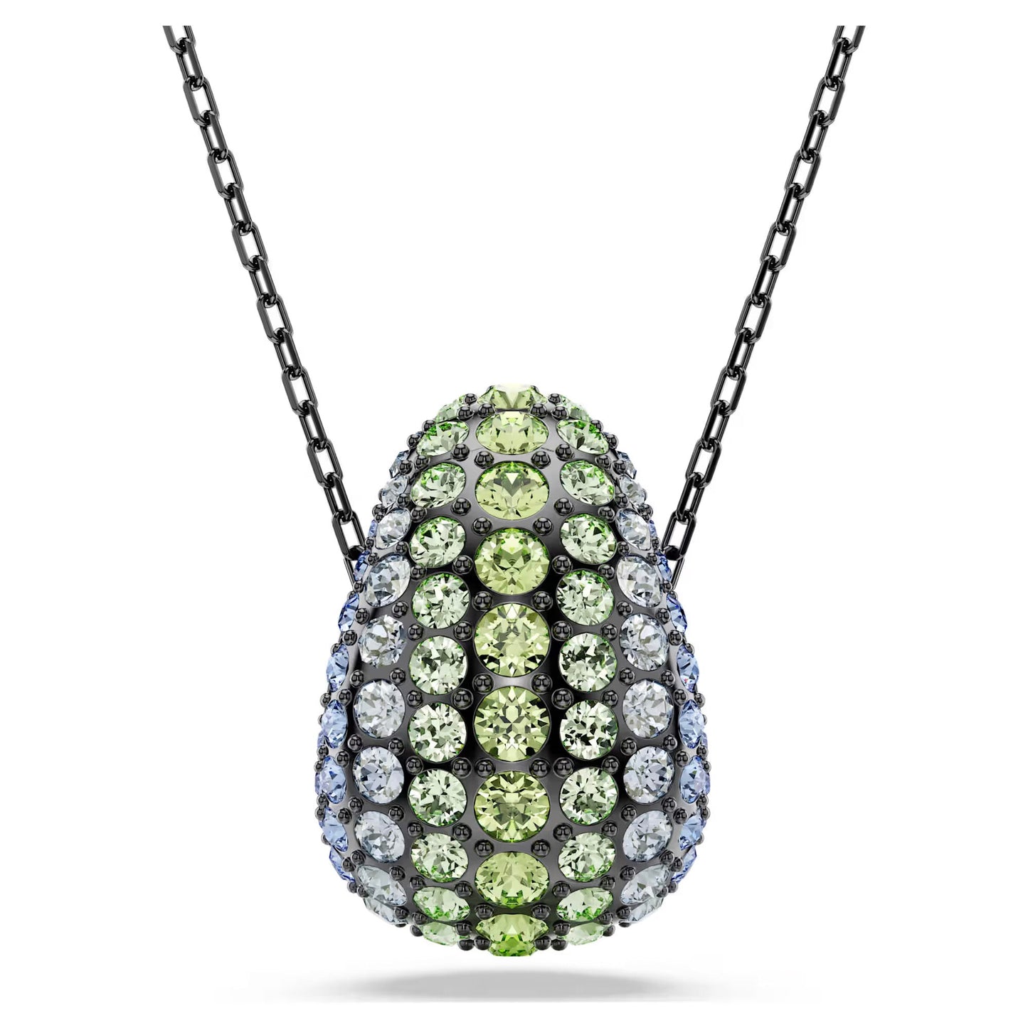 The Swarovski Sublima Necklace Pendant is an avocado-inspired masterpiece, adorned with crystals in oceanic shades of green and blue, all elegantly suspended on a sleek black chain, creating a stunning display of shimmering colors.