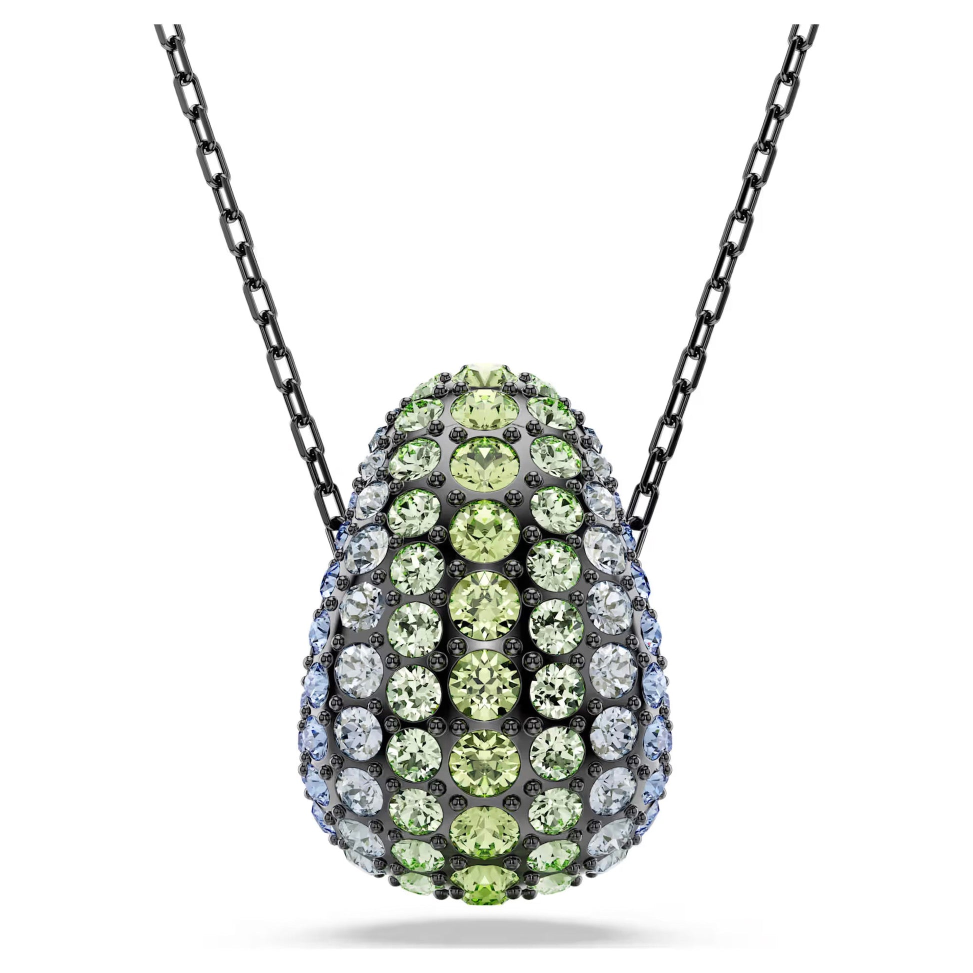The Swarovski Sublima Necklace Pendant is an avocado-inspired masterpiece, adorned with crystals in oceanic shades of green and blue, all elegantly suspended on a sleek black chain, creating a stunning display of shimmering colors.