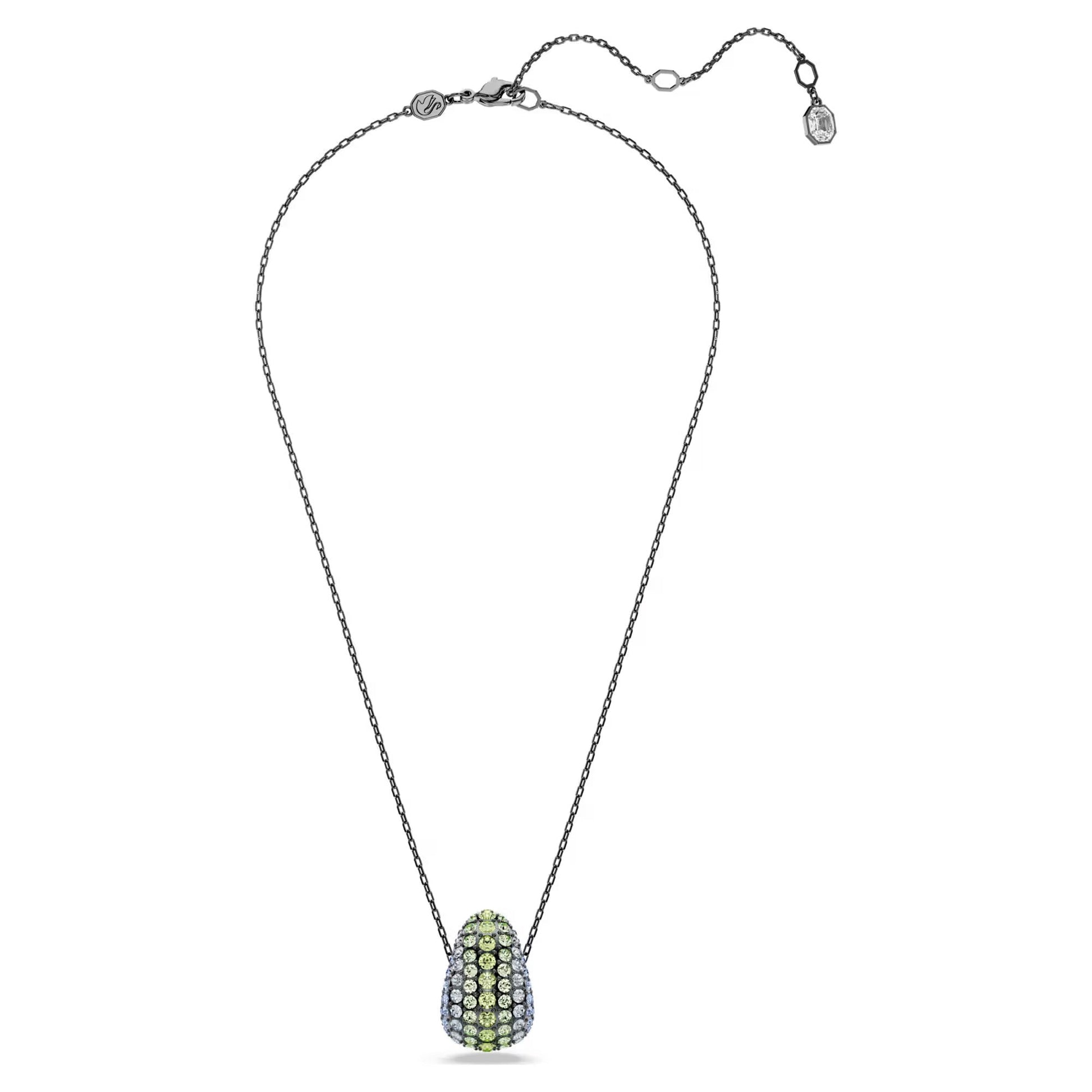 The Swarovski Sublima Necklace Pendant by Swarovski showcases a fine chain and an avocado-shaped motif, embellished with crystals in marine-inspired green and yellow hues.