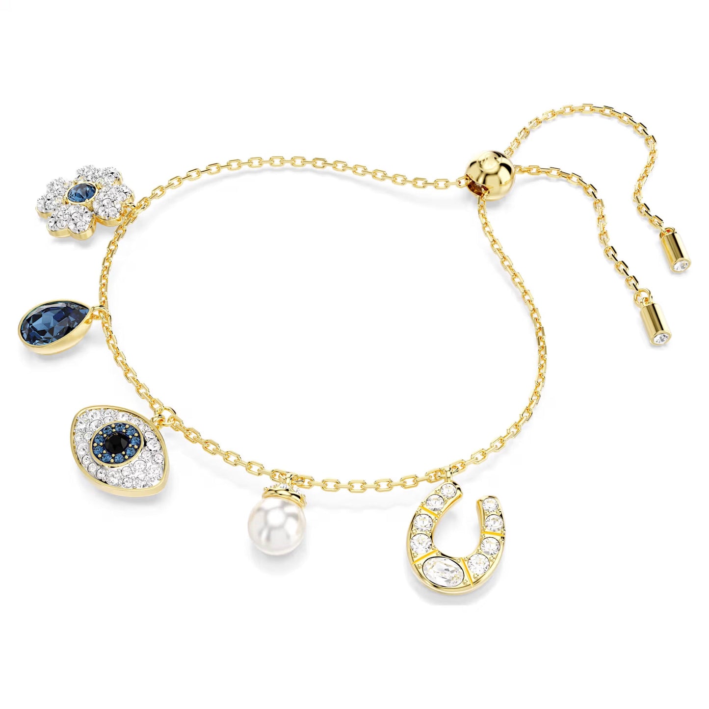 The Swarovski Symbolica Charm Bracelet by Swarovski is a gold-tone bracelet featuring charms like a diamond-studded flower, navy blue stones, an evil eye, a Swarovski Crystal Pearl, and a horseshoe. It includes an adjustable chain with small cylindrical ends for the perfect fit.