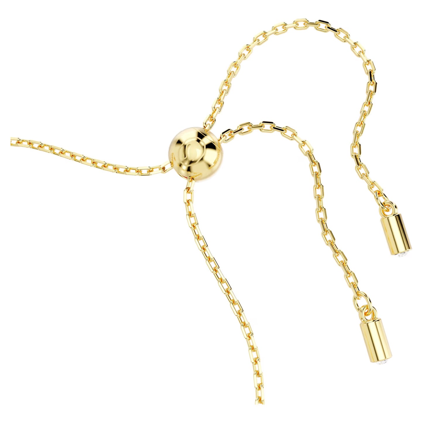 A close-up of the Swarovski Symbolica Charm Bracelet from Swarovski, showcasing its gold-tone adjustable chain with a round slider bead. The bracelet features two dangling ends, each adorned with a small Swarovski Crystal Pearl charm at the tip, set against a white background.