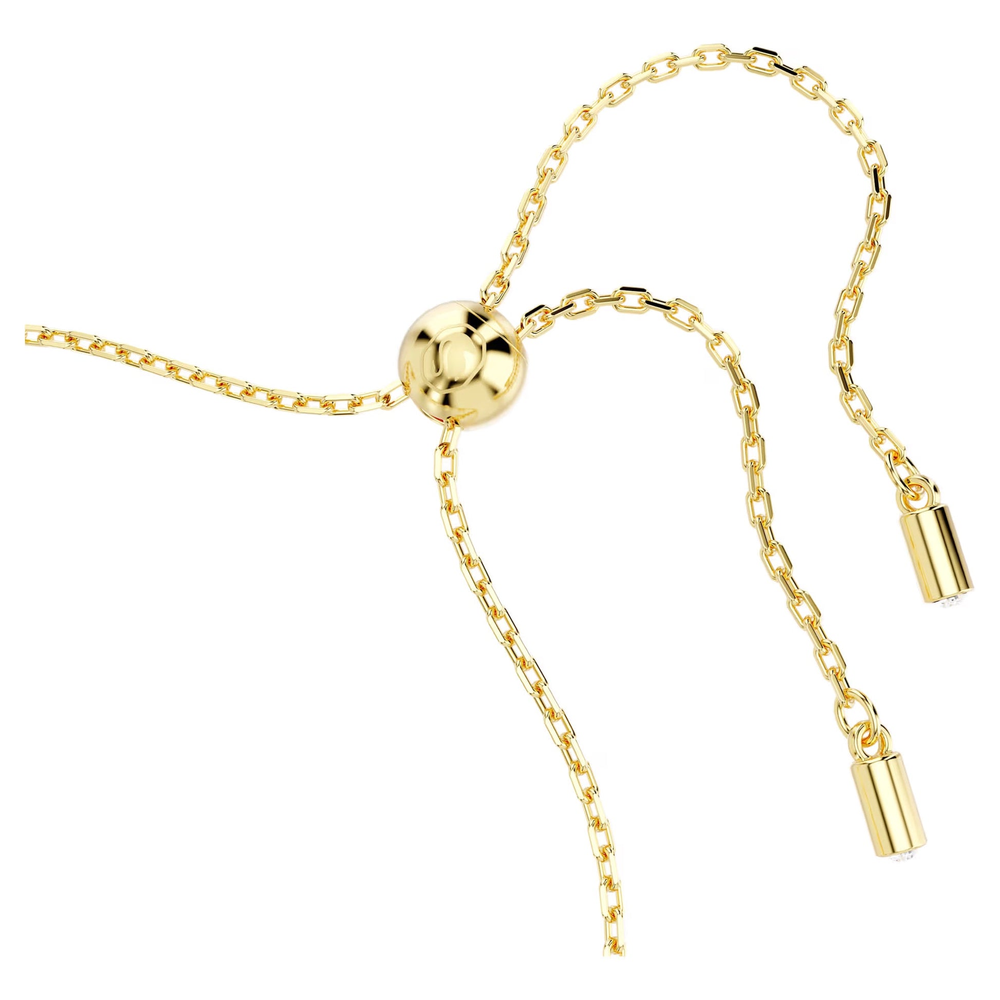 A close-up of the Swarovski Symbolica Charm Bracelet from Swarovski, showcasing its gold-tone adjustable chain with a round slider bead. The bracelet features two dangling ends, each adorned with a small Swarovski Crystal Pearl charm at the tip, set against a white background.