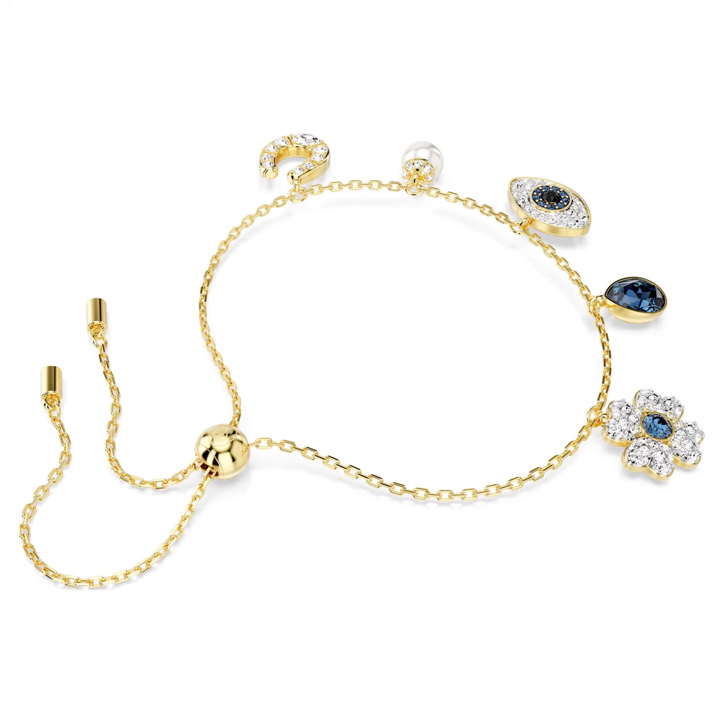 The Swarovski Symbolica Charm Bracelet by Swarovski is adorned with symbolic charms, including a crescent moon, an eye, a flower, a Swarovski Crystal Pearl, and a deep blue stone. It features a gold-tone finish and includes a sliding clasp for effortless size adjustment.